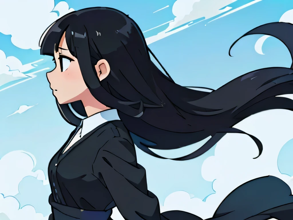 perfect anime illustration, side view illustration of a girl having long black hair, with bangs, wearing dress, hair blowing lightly in wind