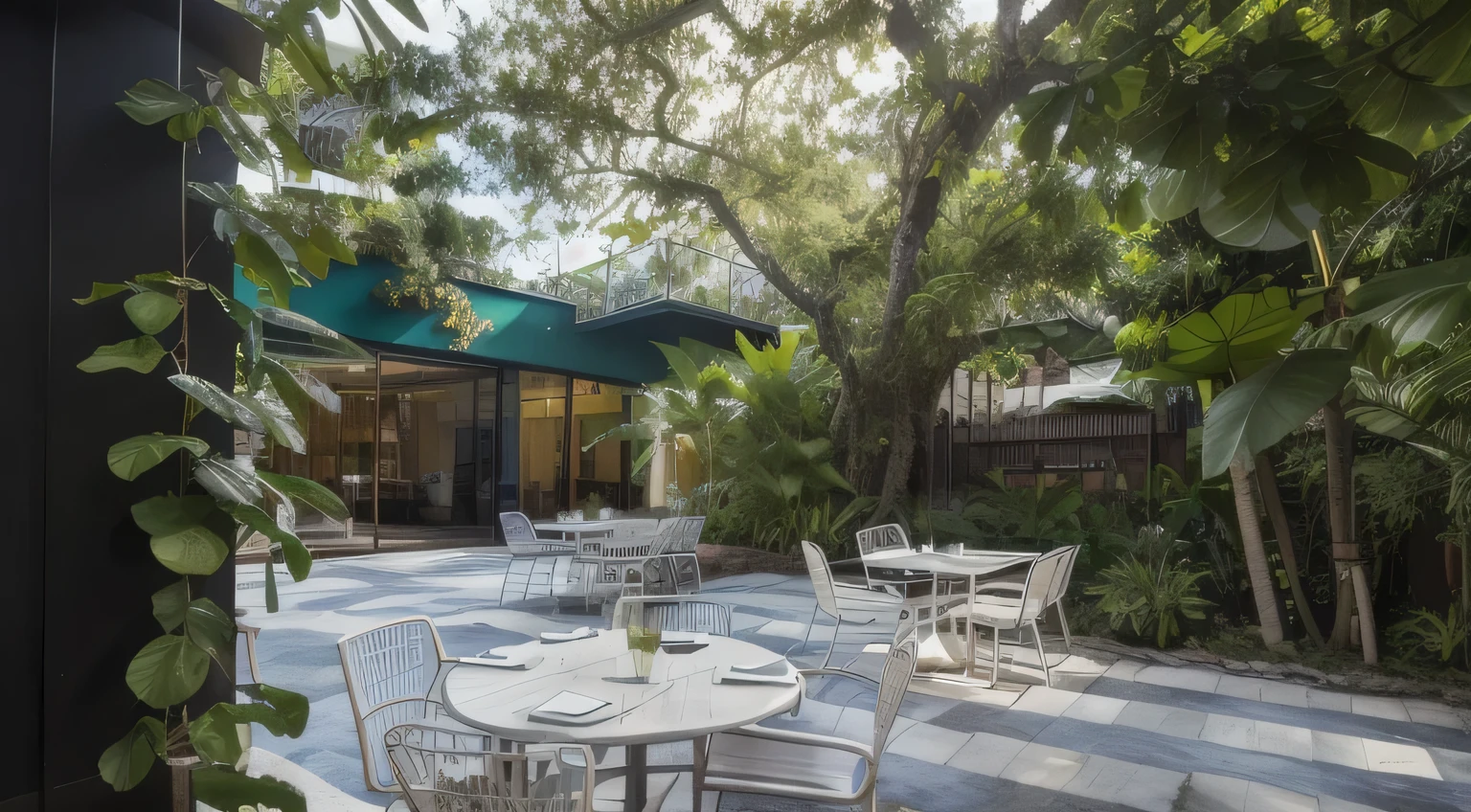 tables and chairs are placed outdoors in a courtyard, un restaurant avec une terrasse, green terrace, ambiente exuberante, courtyard, exuberante ambiente de jardim, al fresco, jungle scenery, plants and courtyard, foto externa, vibrant greenery outside, Cuban scenery, Breakfast in Las Pozas, fotografia externa de restaurante, por Emanuel Witz, por David Rubin, por Alexander Brook
