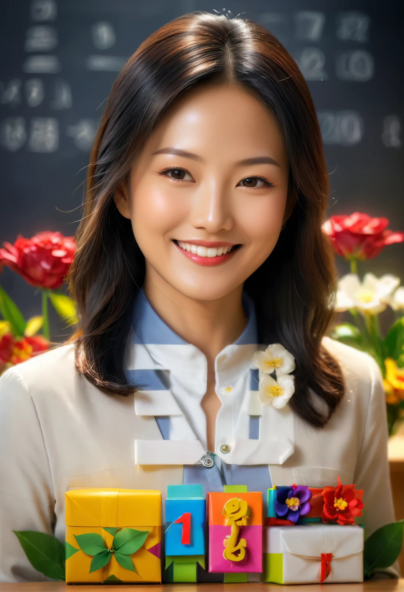 (number art,Realistic,Lifelike),1 smiling oriental female teacher in the classroom,flowers and gifts,( Volumetric lighting, Tone mapping, sharp focus,chiaroscuro,Ray tracing)