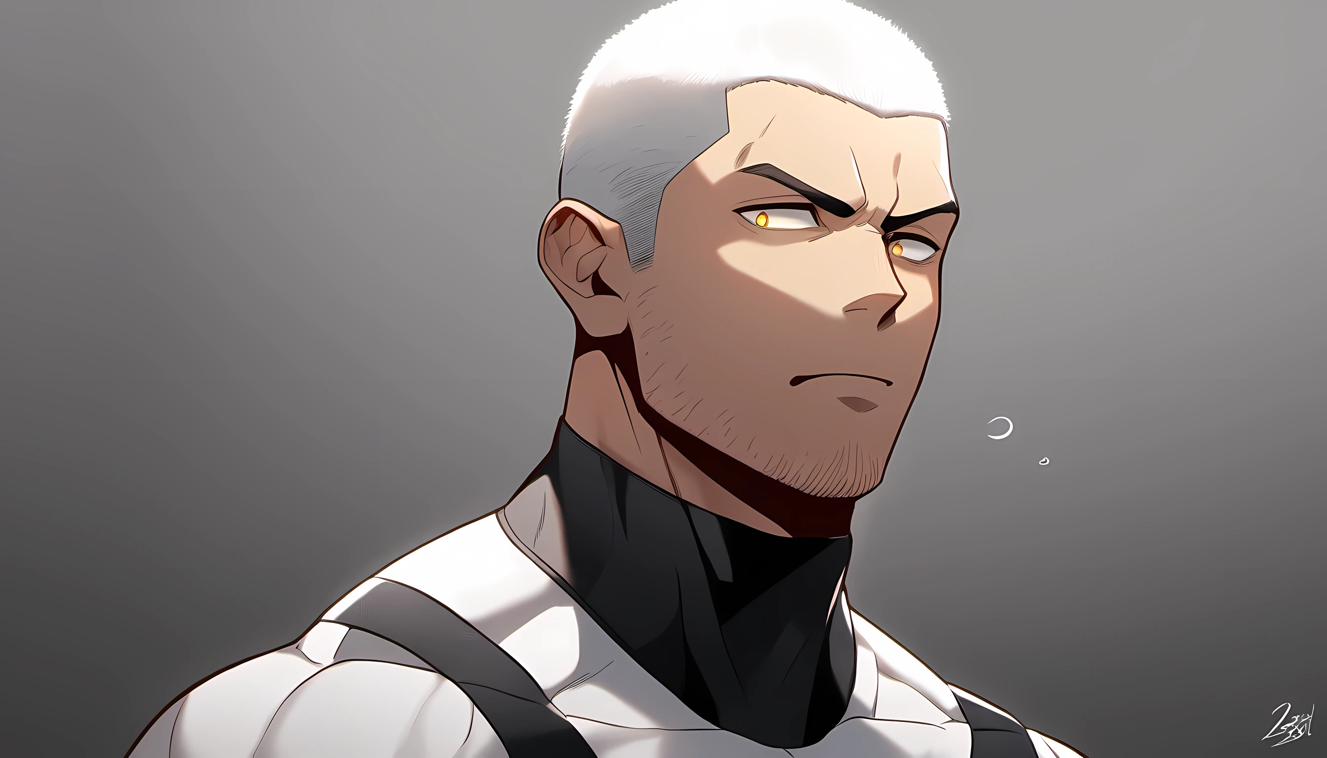 1 young muscular man, male focus, Yellow and Black High Neck Compression Tights, white hair, buzz clip，muscular male, muscular, only, Upper body, alone, white short hair, stubble, yellow eyes, gray background, simple background, amazing quality, best aesthetics, Ridiculous, bright pupils, sigh, short hair, best quality