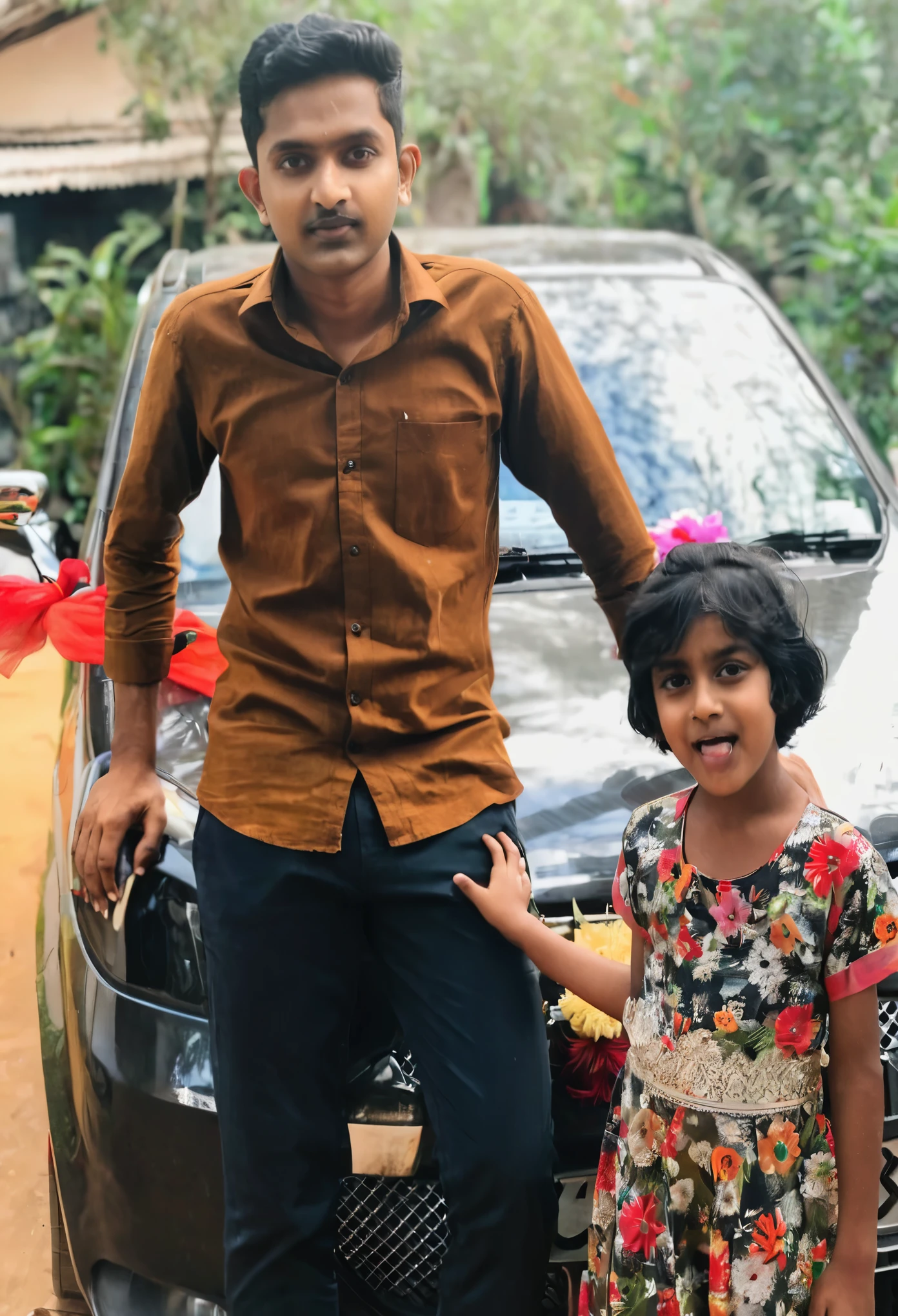 there is a man standing next to a  in front of a car, with a kid, nivanh chanthara, lovely couple, ayan nag, jayison devadas, 😃😀😄☺🙃😉😗, profile picture, full protrait, very powerful, very very low quality picture, a picture, protrait, riyahd cassiem