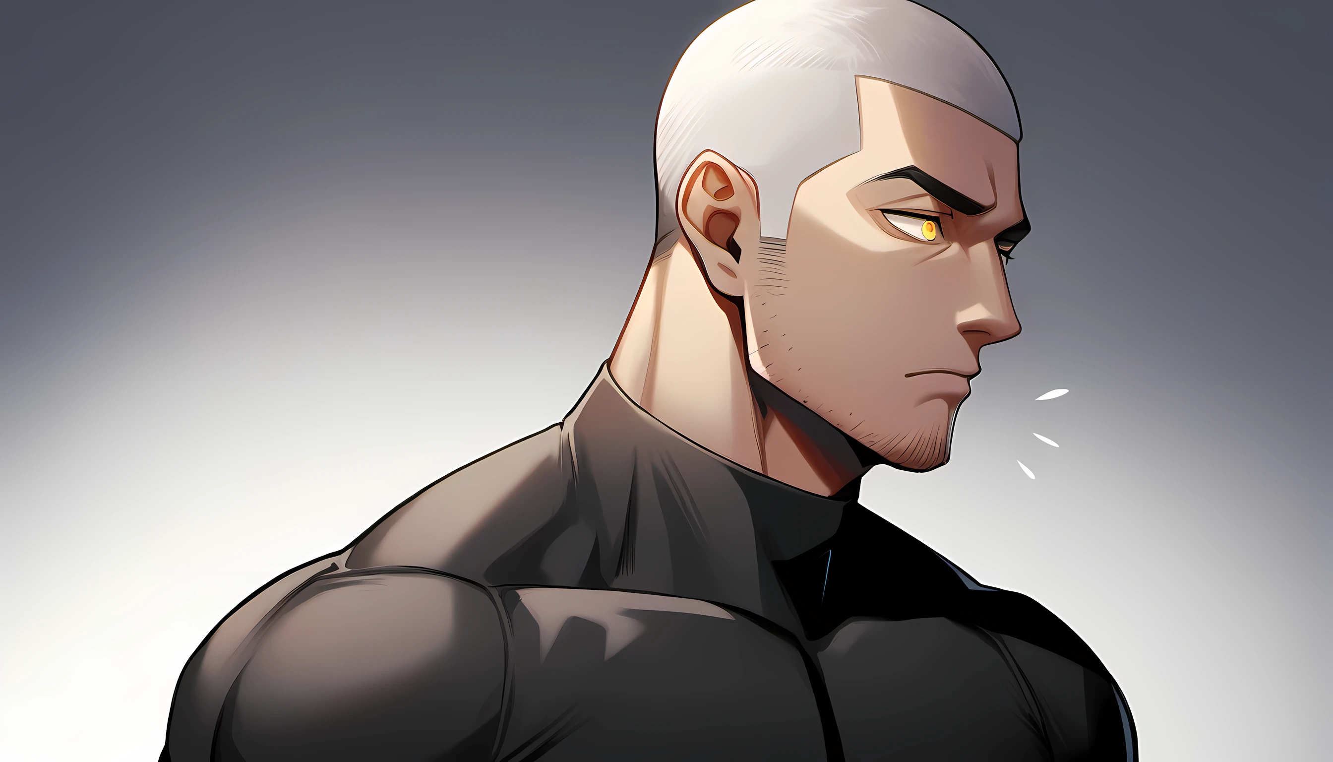 ung muscular man, male focus, Yellow and Black High Neck Compression Tights, white hair, buzz clip，muscular male, muscular, only, Upper body, alone, white short hair, stubble, yellow eyes, gray background, simple background, amazing quality, best aesthetics, Ridiculous, bright pupils, sigh, short hair, best quality