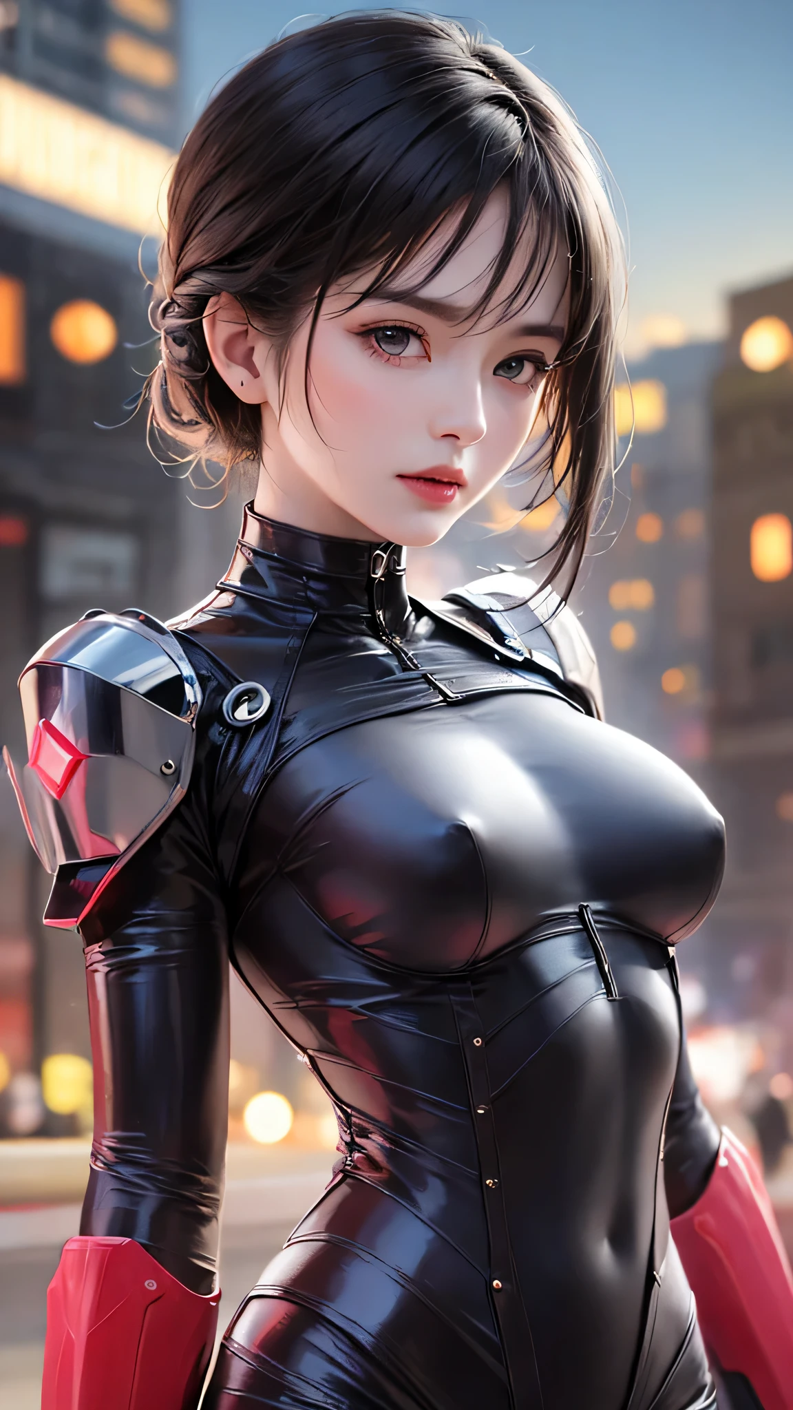 (Close-up:1.4)、(RAW photo:1.2)、(photorealistic:1.4)、(masterpiece:1.3)、(highest quality:1.4)、(Beautiful woman with perfect body:1.4)、A woman stands in front of a group of robots、beautiful android woman、beautiful female soldier、girl in a suit、complex combat uniform、beautiful young Japanese woman、Highly detailed face and skin texture、detailed big eyes、double eyelid、cute face、(short bob:1.2)、(huge breasts)、(full body shot)、cowboy shot、(angry expression:1.2)、Storm and epic war scene、cyberpunk scene、night time、illumination、plug suit、combat uniform damage、