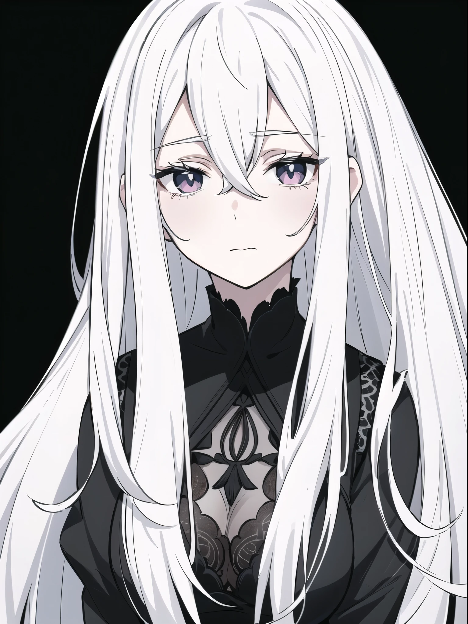 ((White hair)),((Head and Shoulders Image)),Sexy,A person,Alone,Simple style,pancake ,Simple details,Black background,Empty background,Black background wall,(20 year old woman),(Droopy hair),(White Gloves),(Evening Gown),(Lace Shirt),Lace,(confidence),(Tranquility)