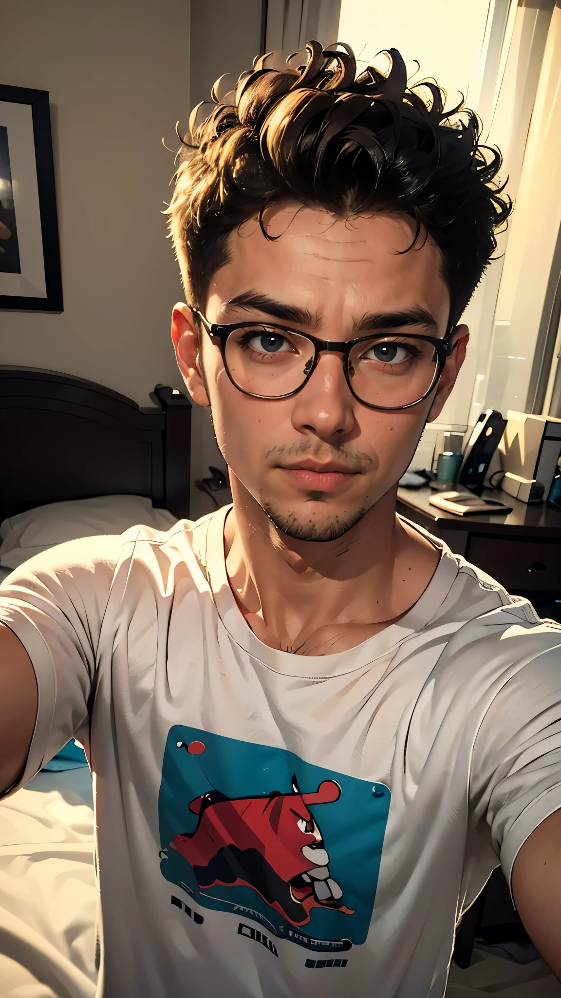 ((HD photo)), masterpiece, best quality, Hyper realistic, hires:1.4, 8k, portrait, headshot, man / Damon alarm/ 30 years old, looking at camera, standing, skinny, underweight, short curly hair, acne, nerd glasses, band t shirt, greasy, dark bedroom, poorly lit, incel, anime nerd, neckbeard, geek, dork, pathetic , 