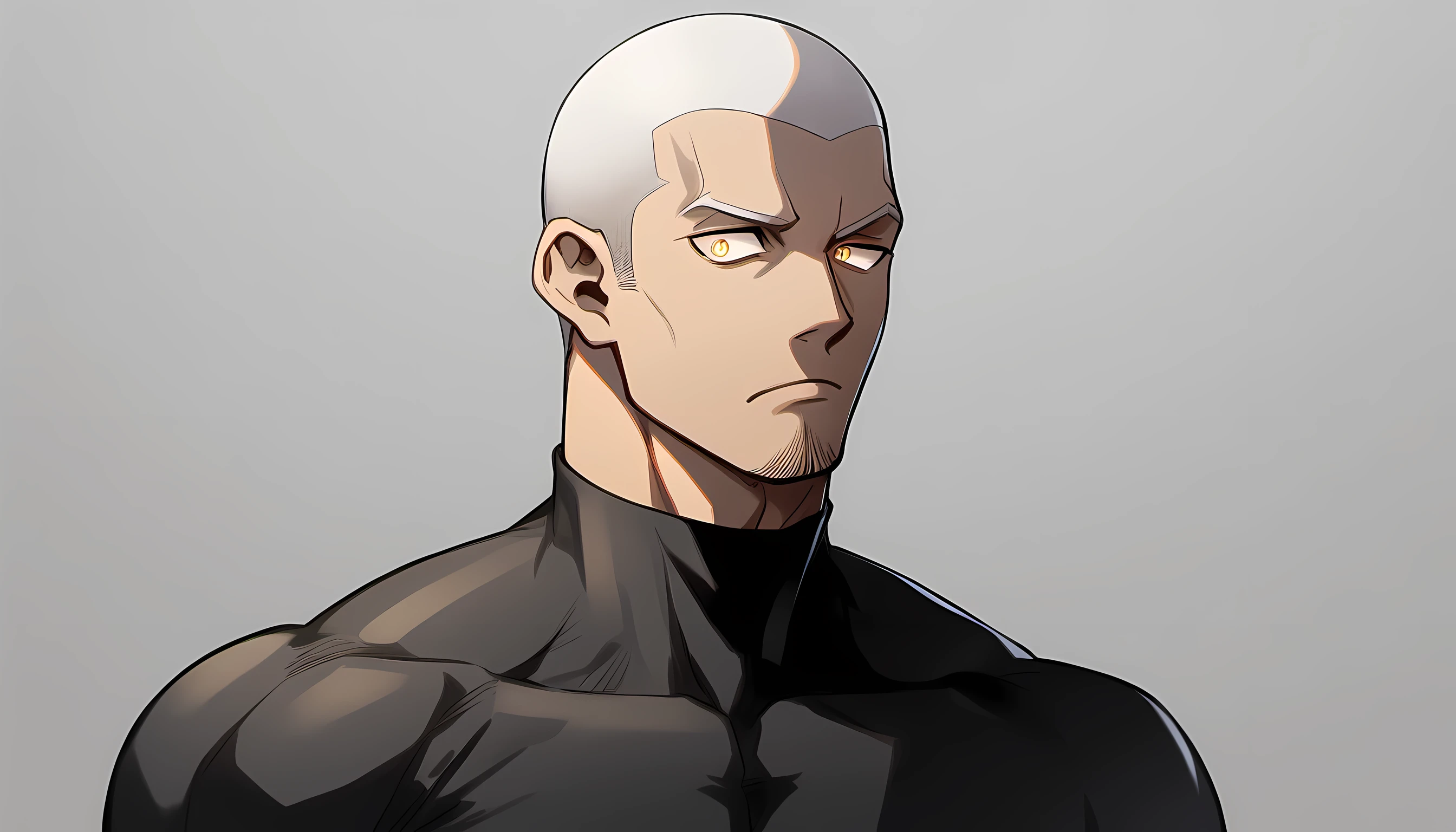 1 young muscular man, male focus, Yellow and Black High Neck Compression Tights, white hair, buzz clip，muscular male, muscular, only, Upper body, alone, white short hair, stubble, yellow eyes, gray background, simple background, amazing quality, best aesthetics, Ridiculous, bright pupils, sigh, short hair, best quality