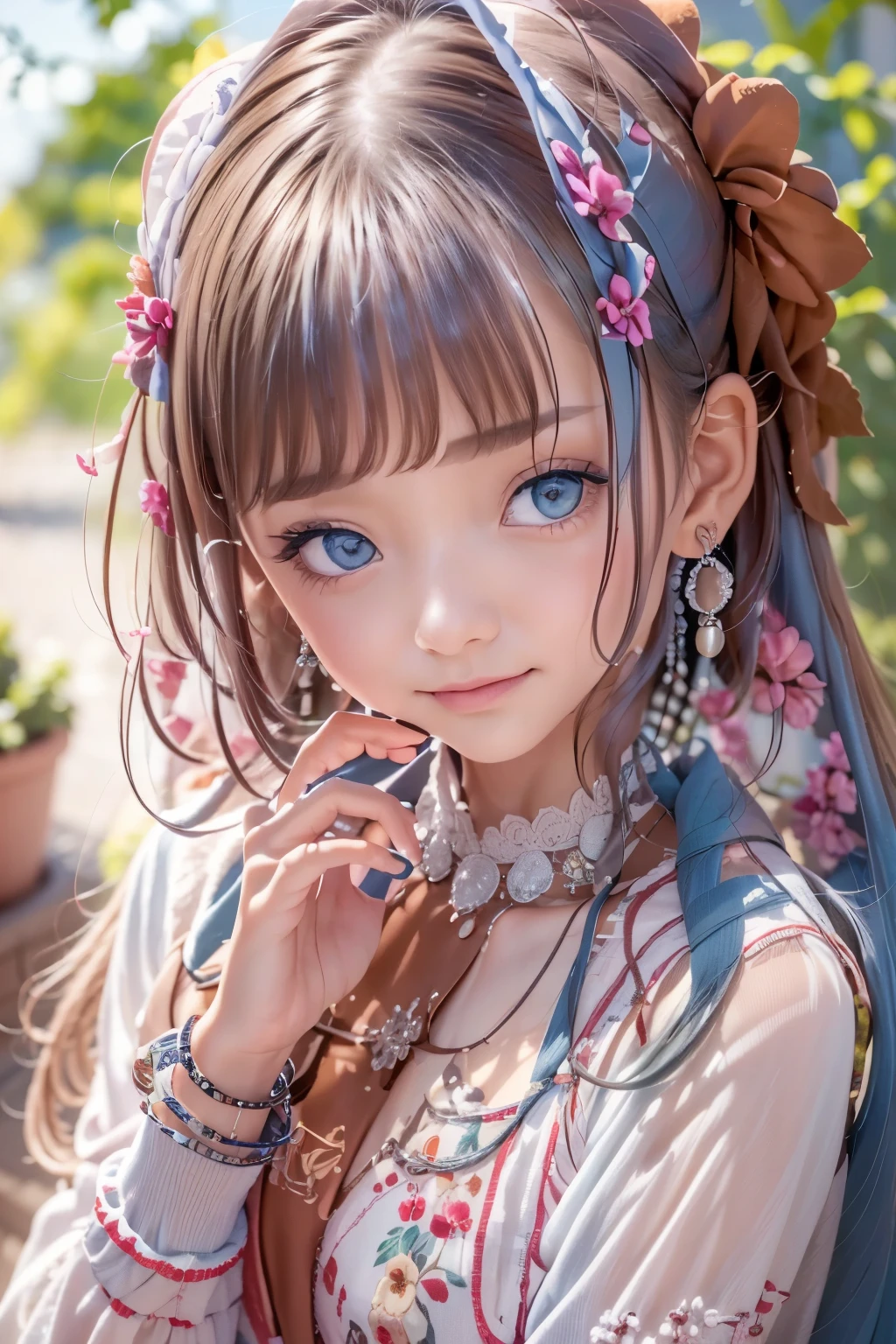 ((sfw: 1.4, detailed face)), (sfw,She is wearing a long white embroidered skirt, a red blouse with lace, a white apron tied around her waist, blue socks, and brown leather shoes.A blue scarf is on her head. Yes, her accessories include necklaces, earrings, and bracelets. 1 Girl)), Ultra High Resolution, (Realistic: 1.4), RAW Photo, Best Quality, (Photorealistic Stick), Focus, Soft Light, (()),  ((Japanese)), (( (young face))), (surface), (depth of field), masterpiece, (realistic), woman, bangs, ((1 girl))