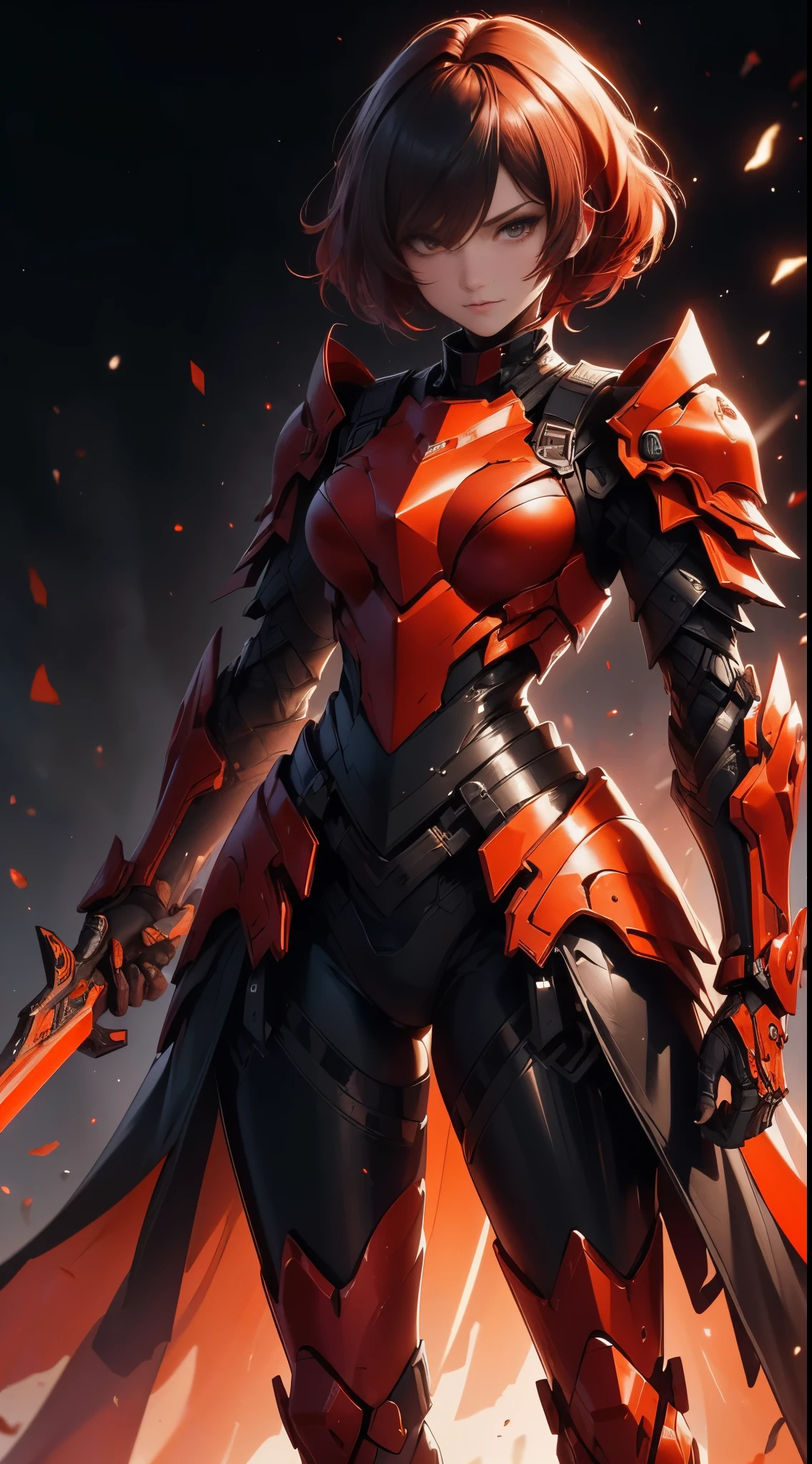 Defining the type of work: Wallpaper;
Background definition: background with black, gray, orange and red colors;
Foreground definition: A woman, with short red hair, dressed in armor, and with a sword, body covered by armor;
Quality definition and effects: Very detailed, spring effect, lens effect, 16k quality