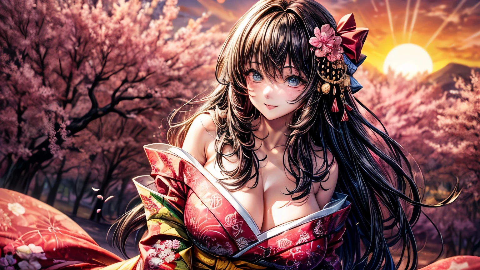 ((worst quality, low quality)), ((Close-up)), (with a girl:1.2), (big breasts), (black haired, shortcut:1.3), (dynamic pose:1.2),plump and glossy lips, beautiful clear eyes, (best smile), spoken heart, (perfect hands:1.2), (red and pink theme:1.4), (Japanese courtesan with a girl:1.3), (Comes with maxi length red kimono [pink] heart:1.4), (Highly detailed and colorful embroidery and fancy patterns:1.3), (off shoulder:1.4), (ability:1.2), (flashy hair ornament:1.3), ((super huge ribbon:1.2) in front of your waist:1.3), low angle shot, (The dazzling setting sun, Sunset sky:1.4), (cherry tree background:1.2), (Cherry blossoms in the four corners like a frame:1.2), highest quality,super detailed, masterpiece,
