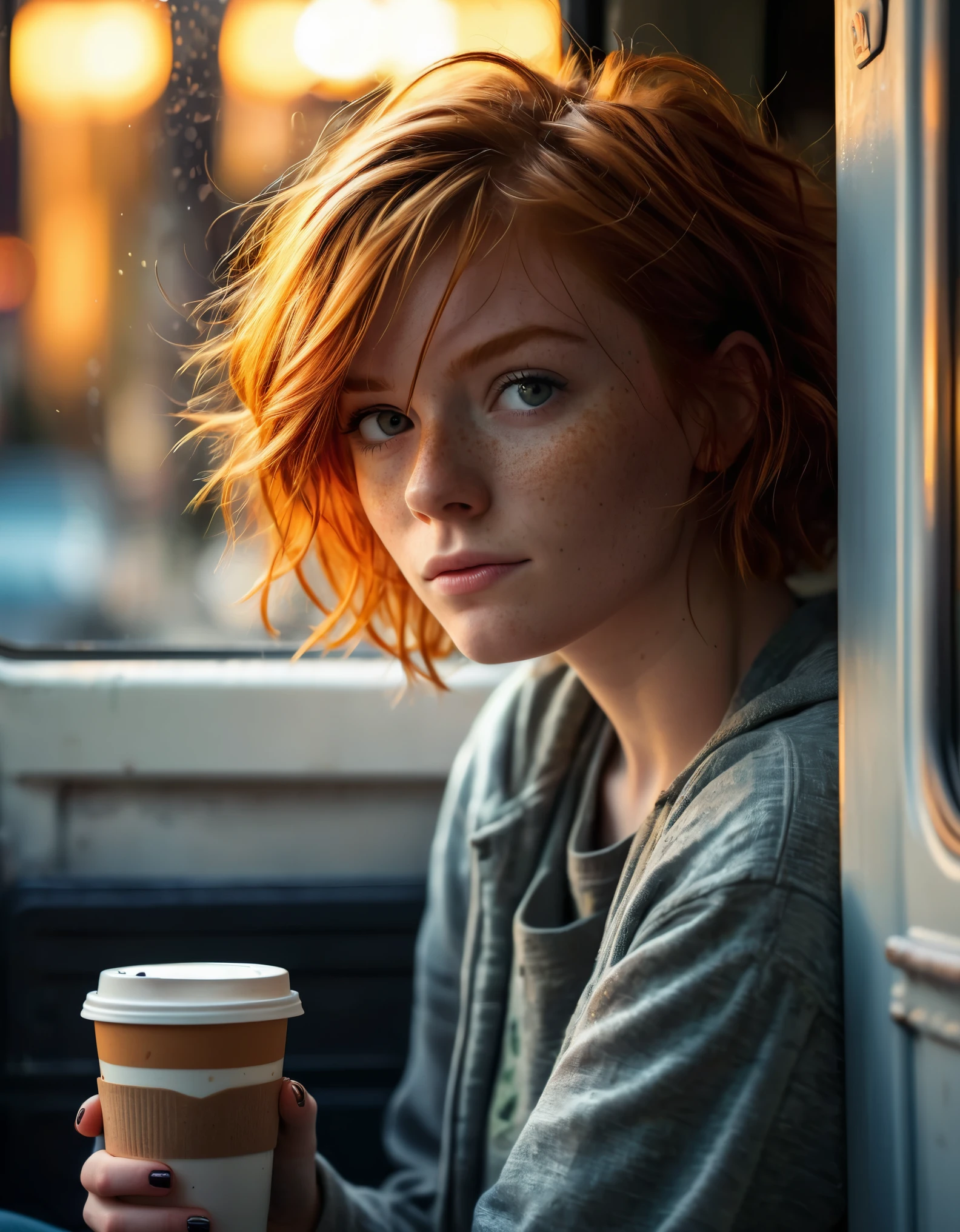 cinematic Photorealistic picture of a beautiful short ginger hairstyle homeless girl, sitting inside her opening door van home with a cup of take away coffe cup, hungry, try to stay positive in her uncertain future, sad eye, bokeh, shallow depth of field, late afternoon natural lighting fuses with neon city light