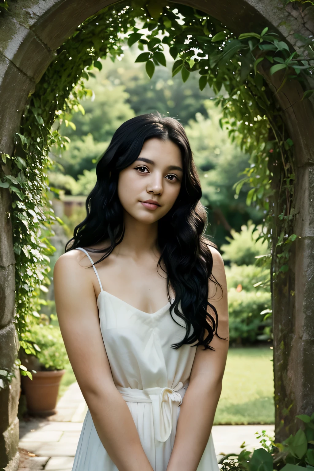 Imagine a young woman in her early twenties, exuding a serene and introspective demeanor. She stands gracefully, embodying the essence of youth and wisdom intertwined. Her black hair cascades in soft waves, framing her face with an elegance that is both natural and refined. Her eyes, deep and black, hold a world of stories, reflecting a depth of character and an inner strength that captivates the viewer. The setting is tranquil, perhaps a quiet, lush garden that mirrors her serene presence. The light filters through the foliage, casting gentle shadows and highlighting her features with a soft, natural glow. Her attire is simple yet sophisticated, complementing her poised stance. This image captures not just her physical beauty, but the quiet confidence and introspective nature that defines her essence.