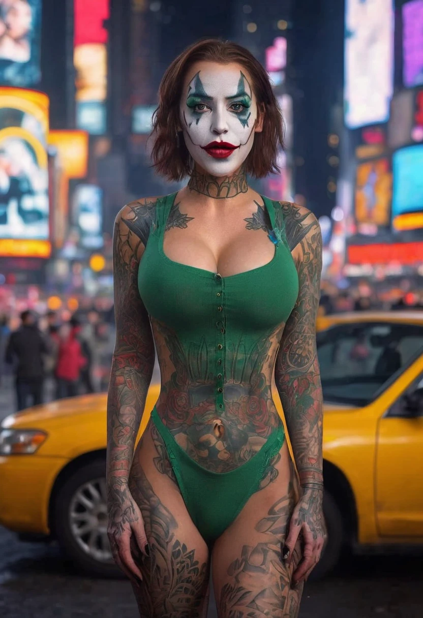 New York, time square, Laurence bedard as Joker Girl 25 years old, macabre, horror, Sharp mouth teeth, full body image, full body tattoo,  tight clothes, technological details, Authentic background, (realism: 1.5), (Realisitc: 1.4), (Absurdity:1.4 ), 8k, ultra-detailed, detailed, (full breasts: 1.3), (One only: 1.4 only), (Viewer facing: 1.3),