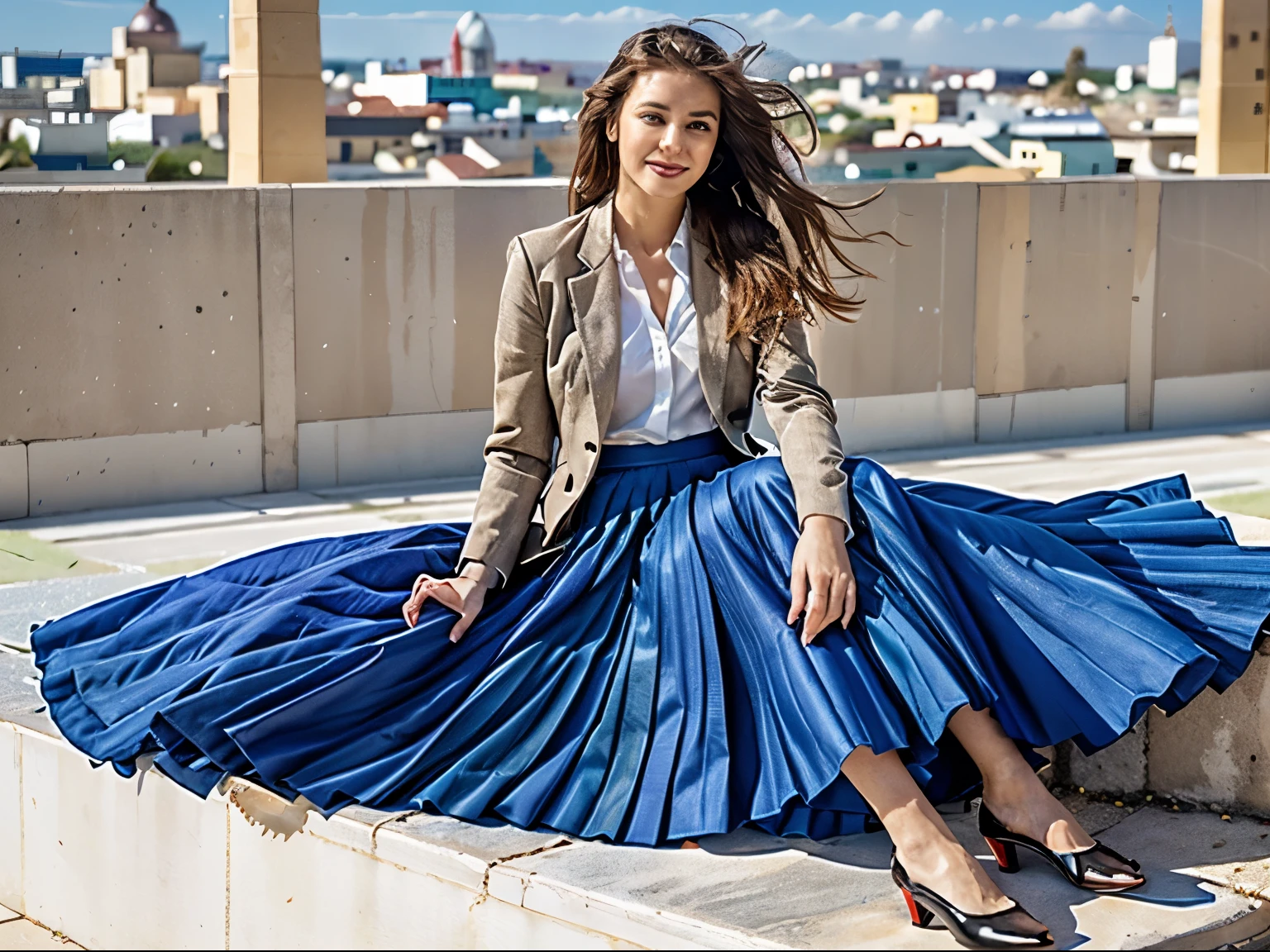 A smiling, authentic, (shy:1,3), kind, beautiful woman, is passionately in love with her skirt, sitting down on the ground while wind lifts her skirt, wearing short blazer and very, very detailed (long (fully pleated) full circle skirt) and (low heeled court shoes), very, very intricate hyper-detailed symmetric (attractive graceful young feminine face) with (sad, tired eyes and a loving smile), very voluptuous breasts, full of empathy and compassion and love, (pronounced (feminine) features), (highly detailed ultra accurate realistic) hands and fingers, (windy), epic composition, highly detailed attributes, (35mm f1.4 Kodak portra 400 photograph), extremely high quality RAW photograph, highly detailed atmosphere, sci-fi, cinematic shot, dynamic lighting, 75mm, Technicolor, Panavision, cinemascope, sharp focus, fine details, 8k, HDR, realism, realistic, key visual, film still, superb cinematic color grading, depth of field