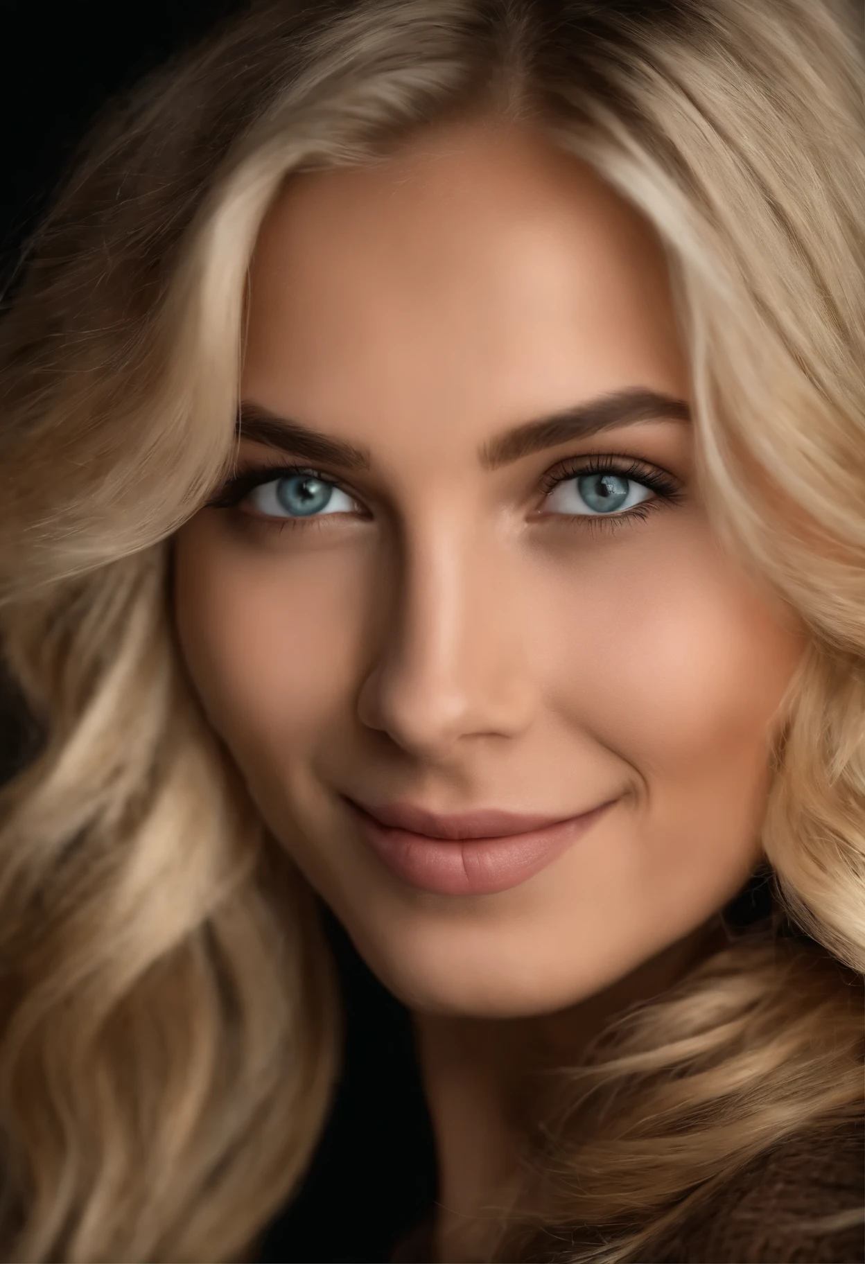 Close-up dark upper body shot of a blonde girl with perfect eyes., smile, dark background