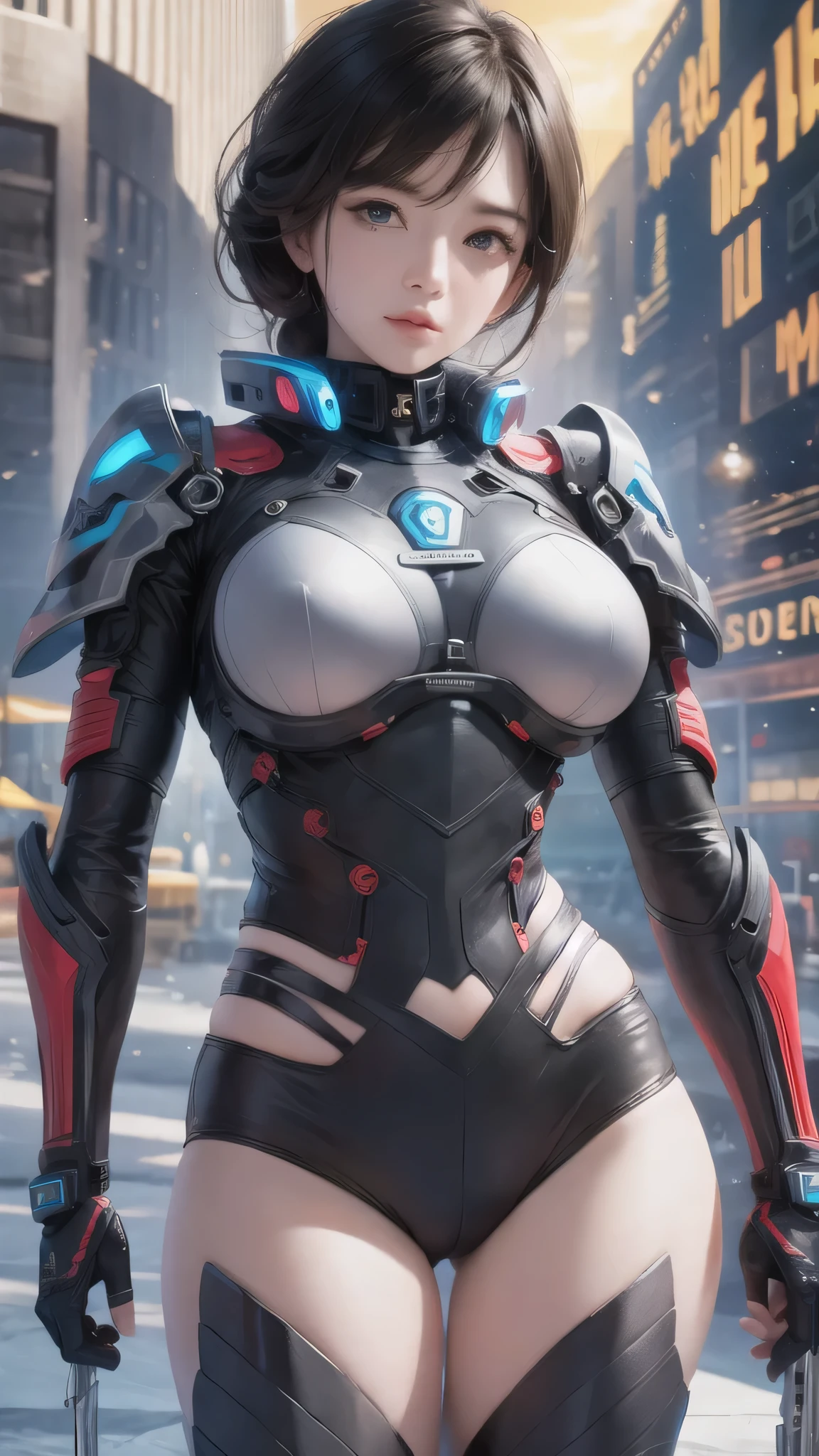 (Close-up:1.4)、(RAW photo:1.2)、(photorealistic:1.4)、(masterpiece:1.3)、(highest quality:1.4)、(Beautiful woman with perfect body:1.4)、A woman stands in front of a group of robots、beautiful android woman、beautiful female soldier、girl in a suit、complex combat uniform、beautiful young Japanese woman、Highly detailed face and skin texture、detailed big eyes、double eyelid、cute face、(short bob:1.2)、(huge breasts)、(full body shot)、cowboy shot、(angry expression:1.2)、Storm and epic war scene、cyberpunk scene、night time、illumination、plug suit、combat uniform damage、