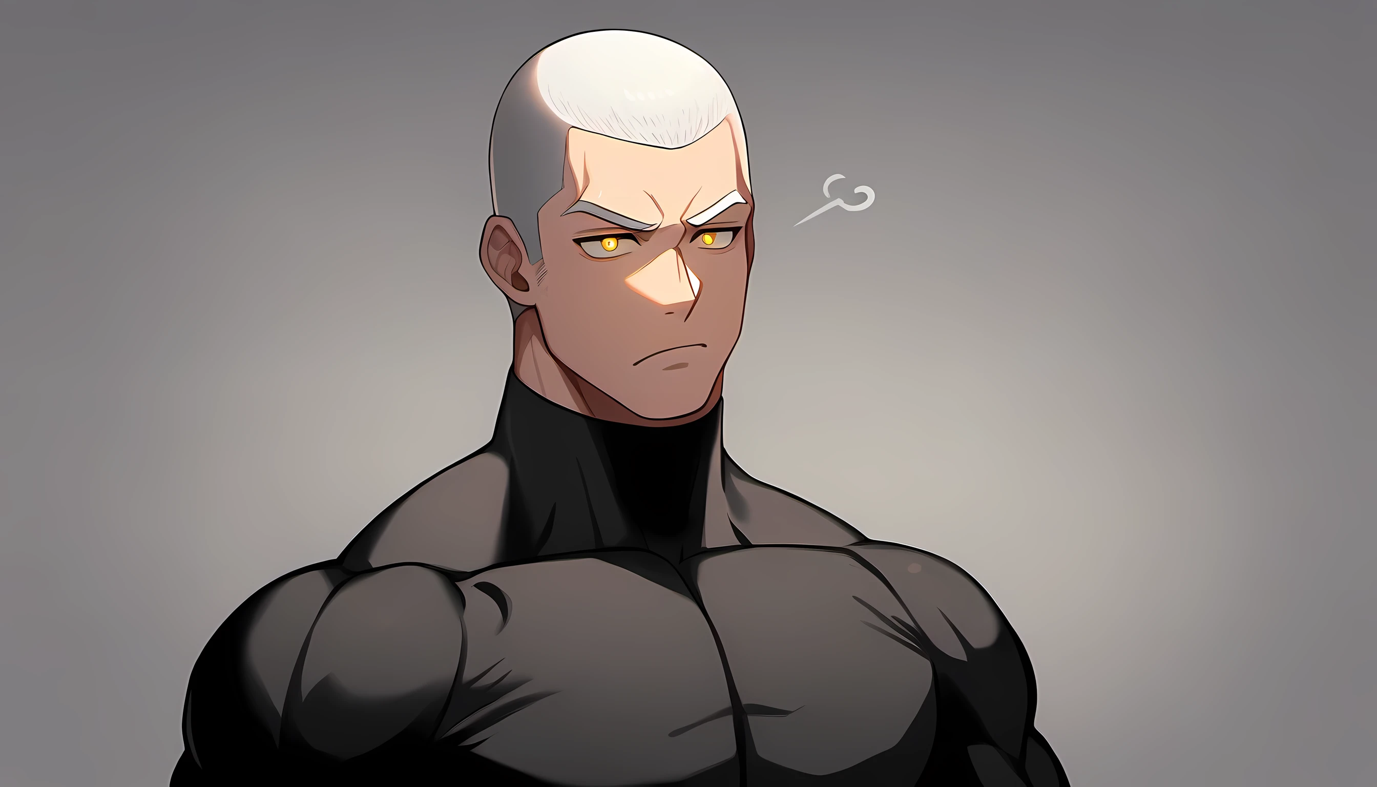 1 young muscular man, male focus, Yellow and Black High Neck Compression Tights, white hair, buzz clip,muscular male, muscular, only, Upper body, alone, white short hair, stubble, yellow eyes, gray background, simple background, amazing quality, best aesthetics, Ridiculous, bright pupils, sigh, short hair, best quality