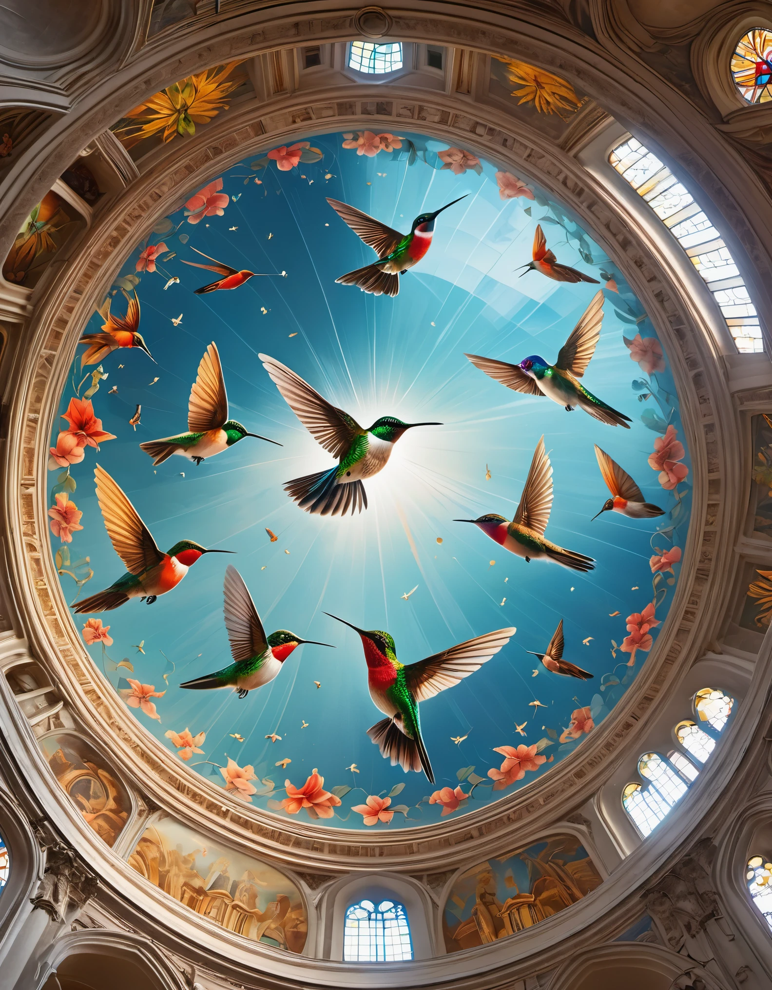 fresco art style of Beautiful hummingbirds on the glass of the dome of a magnificent church,octane render,Corona Render,V-Ray,high detail,trending on artstation,hyperrealism,HD,16K,Kawaii,Sandpainting,Lithophane,Light Painting,Photo gravure,super wide angle,Bottom view,dramatic lighting