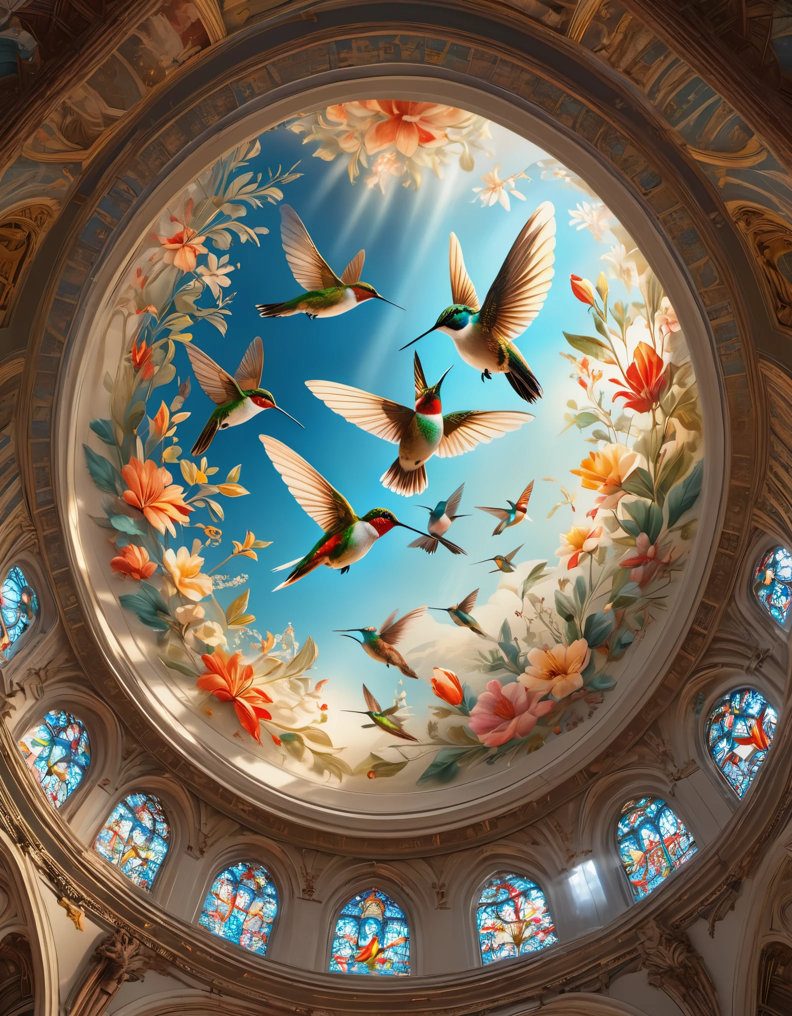 fresco art style of Beautiful hummingbirds on the glass of the dome of a magnificent church,octane render,Corona Render,V-Ray,high detail,trending on artstation,hyperrealism,HD,16K,Kawaii,Sandpainting,Lithophane,Light Painting,Photo gravure,super wide angle,Bottom view,dramatic lighting