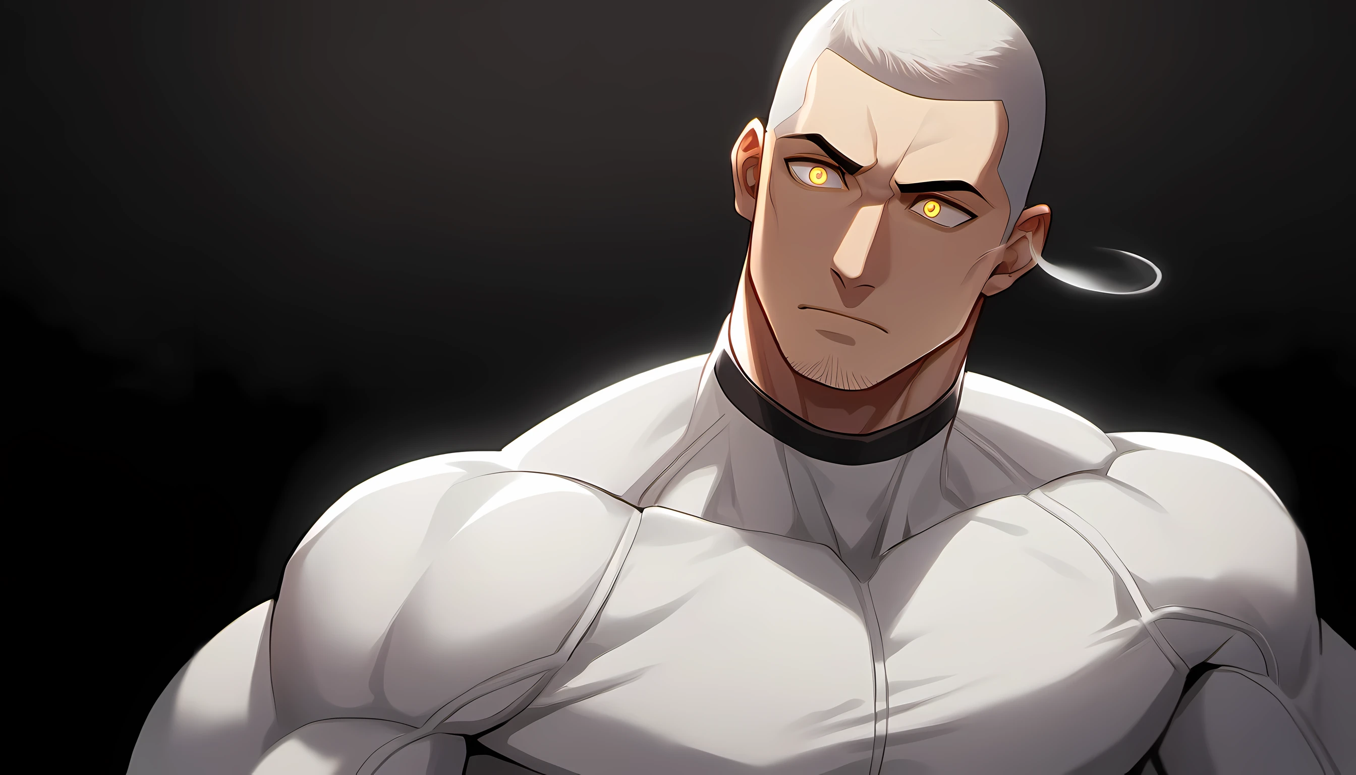 ung muscular man, male focus, White turtleneck compression pantyhose, white hair, buzz clip,muscular male, muscular, only, Upper body, alone, white short hair, stubble, yellow eyes, black background, simple background, amazing quality, best aesthetics, Ridiculous, bright pupils, sigh, short hair, best quality