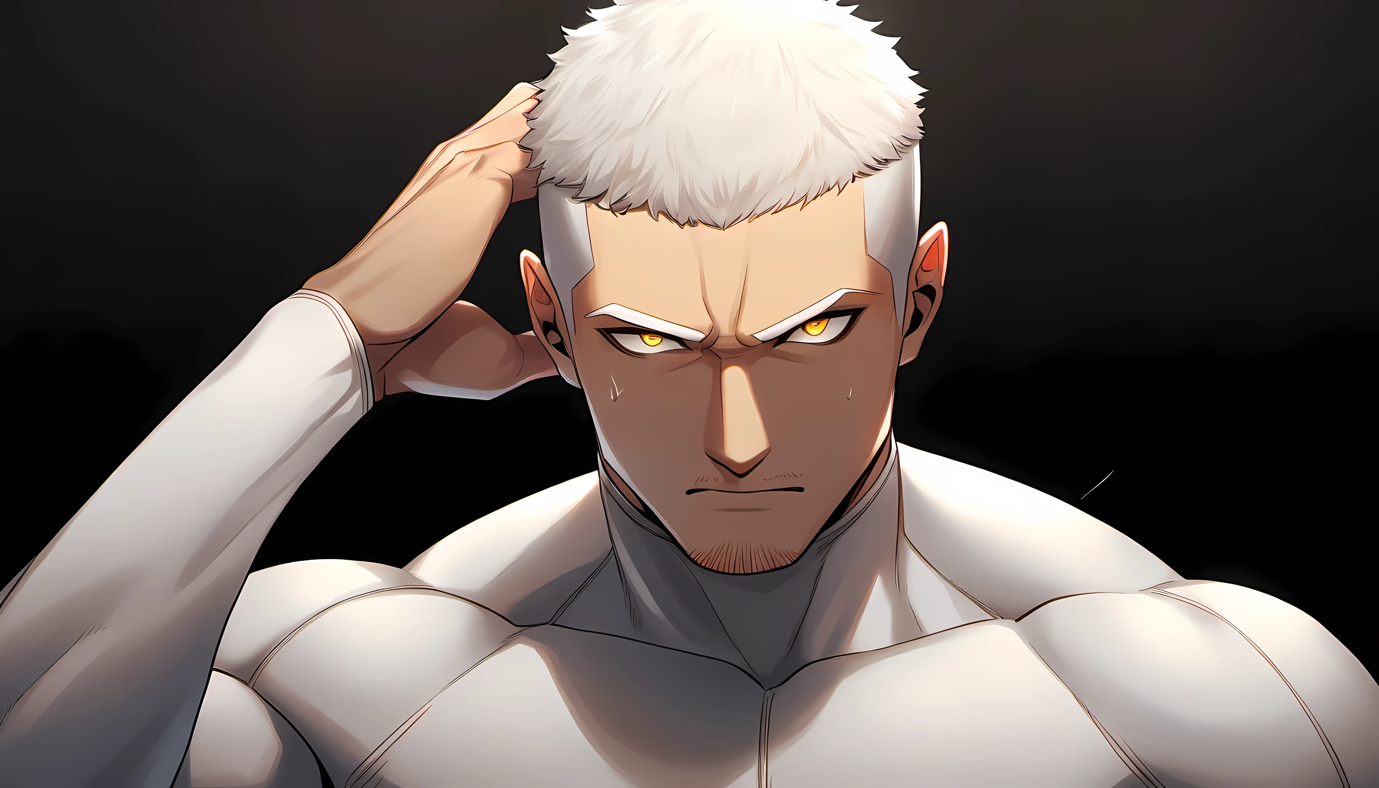 ung muscular man, male focus, White turtleneck compression pantyhose, white hair, buzz clip,muscular male, muscular, only, Upper body, alone, white short hair, stubble, yellow eyes, black background, simple background, amazing quality, best aesthetics, Ridiculous, bright pupils, sigh, short hair, best quality