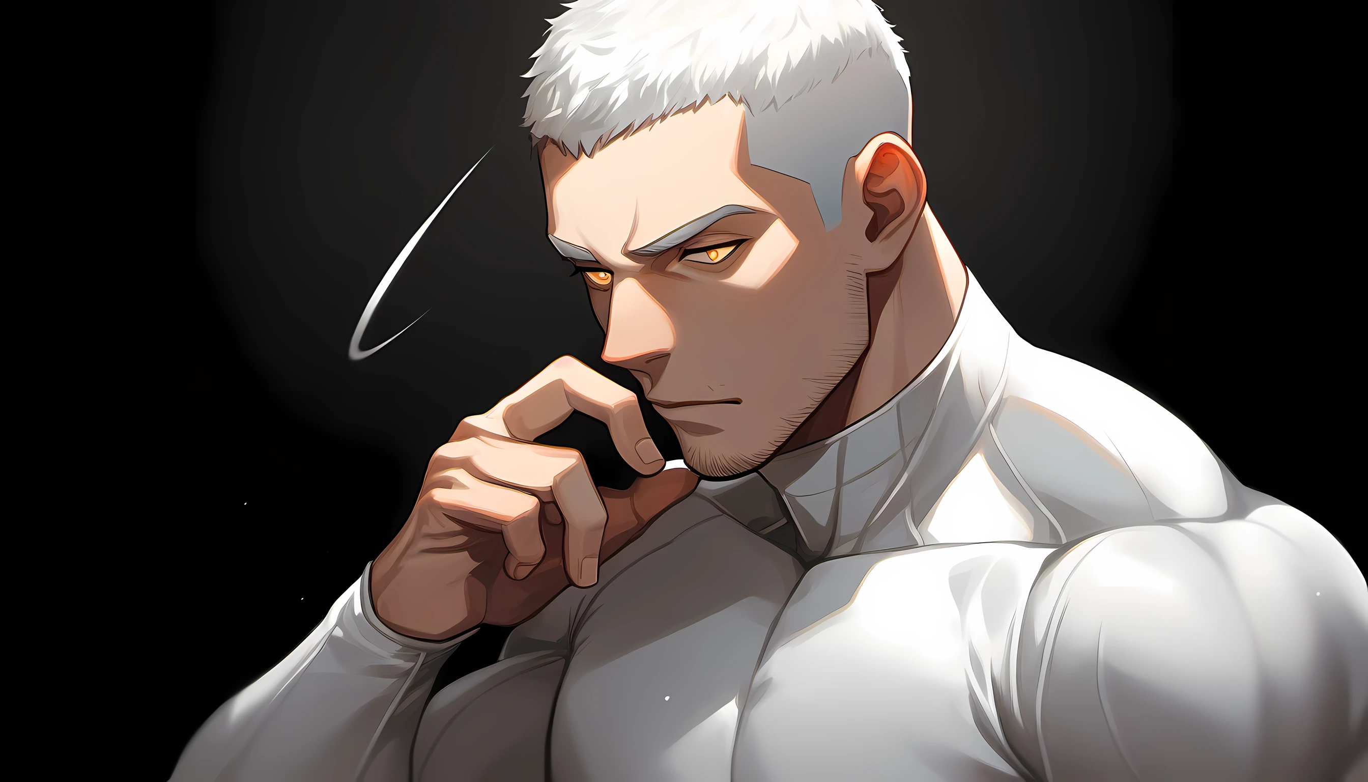 ung muscular man, male focus, White turtleneck compression pantyhose, white hair, buzz clip,muscular male, muscular, only, Upper body, alone, white short hair, stubble, yellow eyes, black background, simple background, amazing quality, best aesthetics, Ridiculous, bright pupils, sigh, short hair, best quality