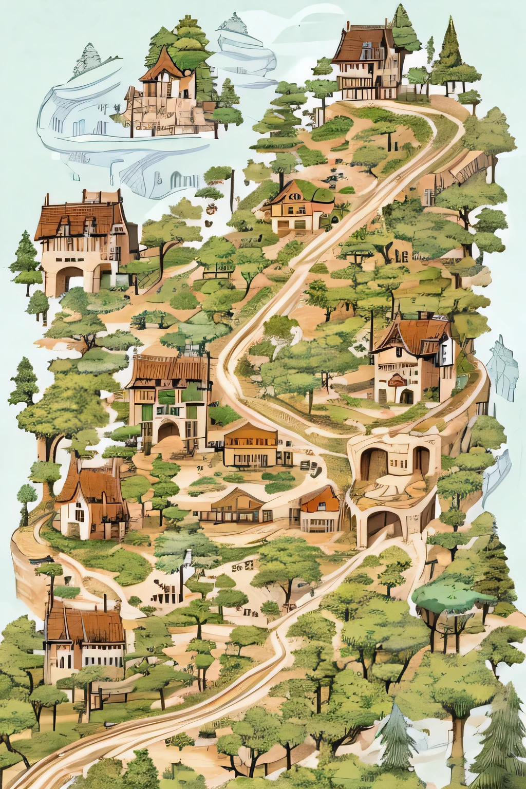  Overview of the zoo.The entire zoo is built around valleys and forests. Some buildings are located on the mountainside，to fall from the top of the mountain, And there are roads connecting each building. Must contain 6 or more buildings separated by roads. Builds must be different from each other.The roadside is decorated with some beautiful lights. The entire image is laid out like a tourist map of a zoo. Make sure the building is smaller than its surroundings.  illustration style, Aerial view, HD, detail