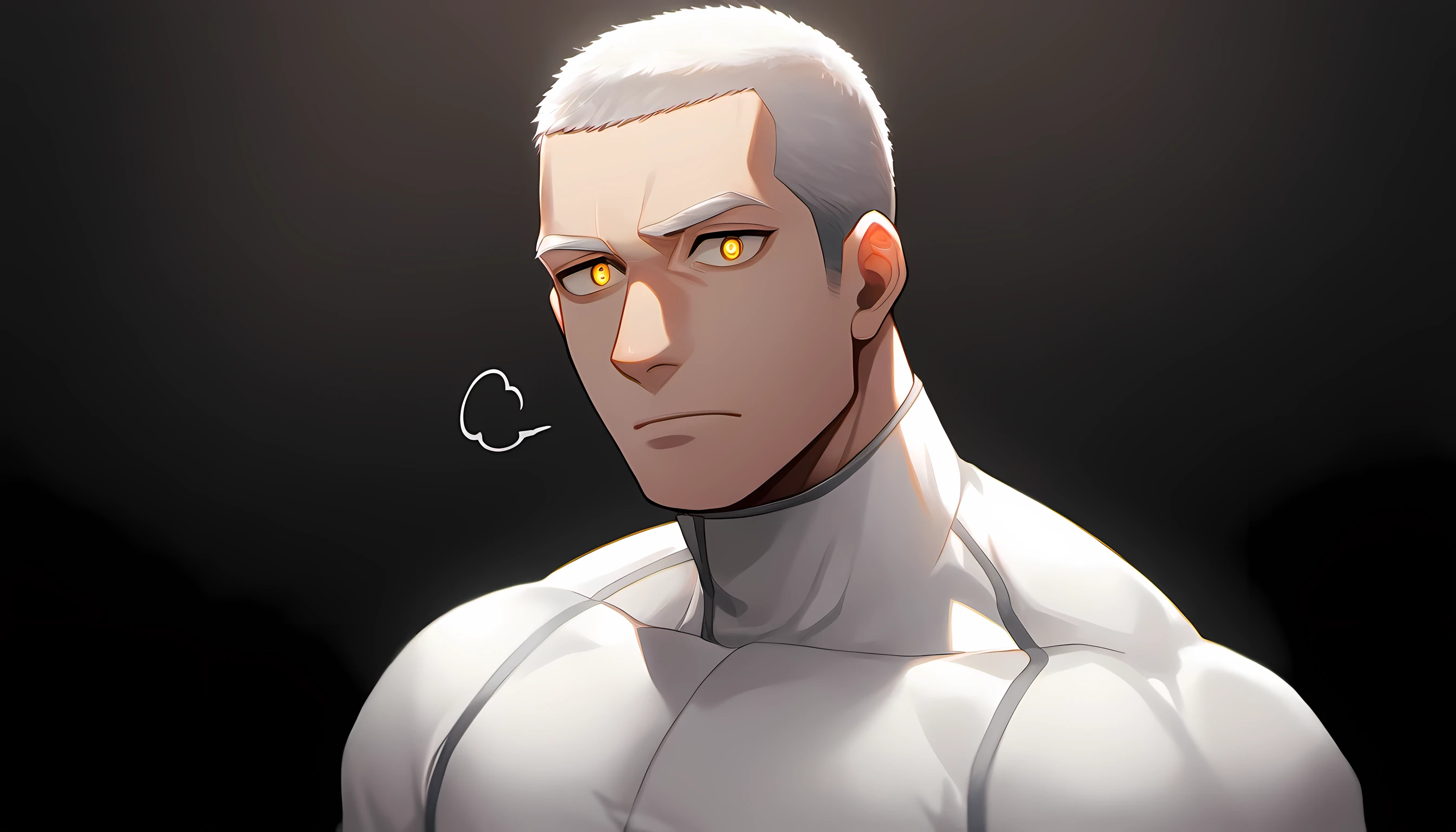 1 young muscular man, male focus, White turtleneck compression pantyhose, white hair, buzz clip，muscular male, muscular, only, Upper body, alone, white short hair, stubble, yellow eyes, black background, simple background, amazing quality, best aesthetics, Ridiculous, bright pupils, sigh, short hair, best quality