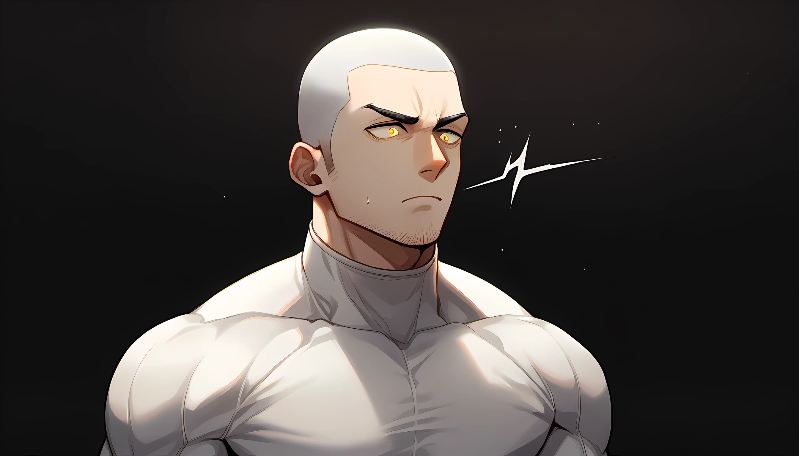 1 young muscular man, male focus, White turtleneck compression pantyhose, white hair, buzz clip,muscular male, muscular, only, Upper body, alone, white short hair, stubble, yellow eyes, black background, simple background, amazing quality, best aesthetics, Ridiculous, bright pupils, sigh, short hair, best quality