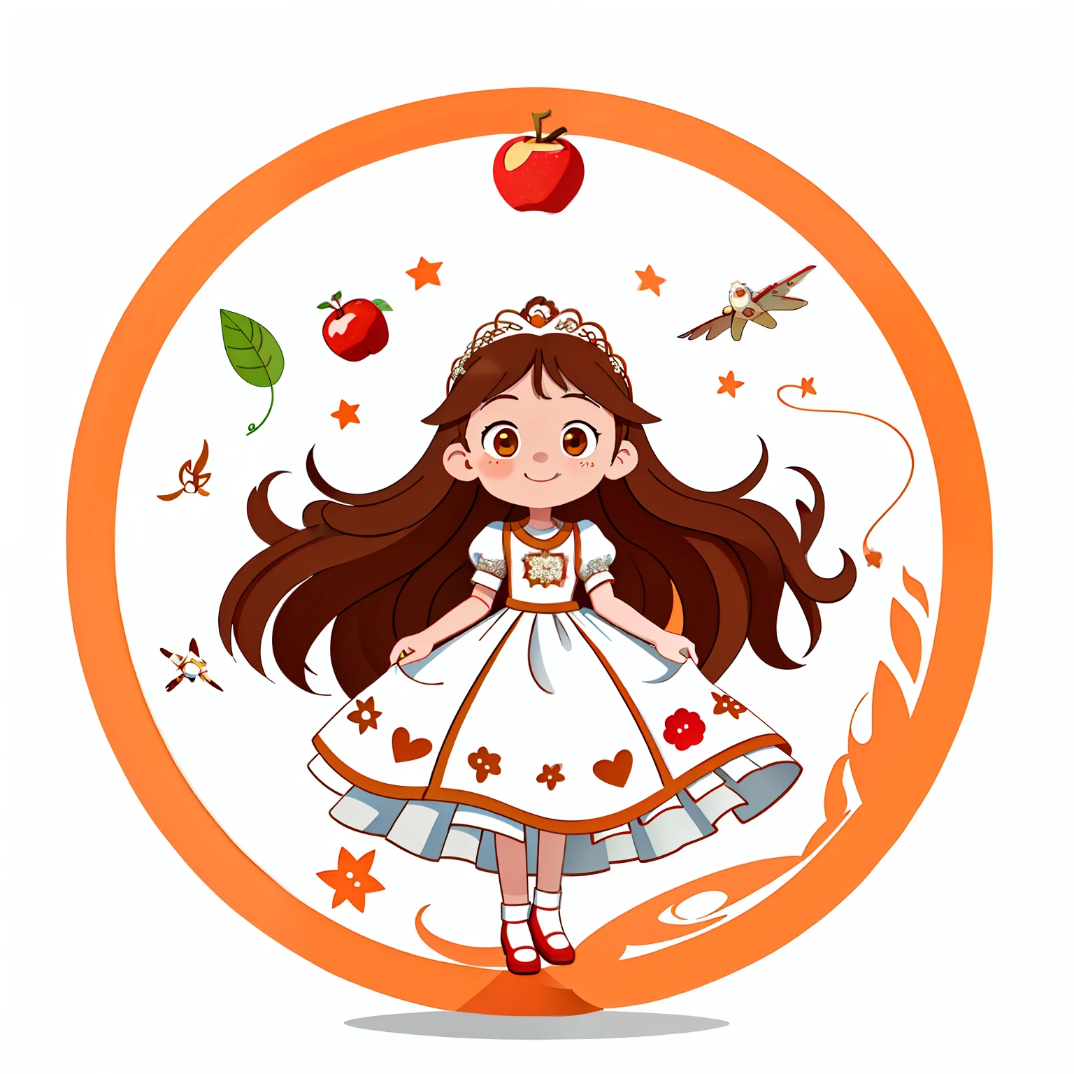 Girl with long brown hair,Put on a white wedding dress,bride,(holding red apple),(plant),flying in space and time(in flight)(time Tunnel),(with love)happy,surrounded by love,surrounded by love,O sign,vector,line art,design,inspiration,straight line,RHAD