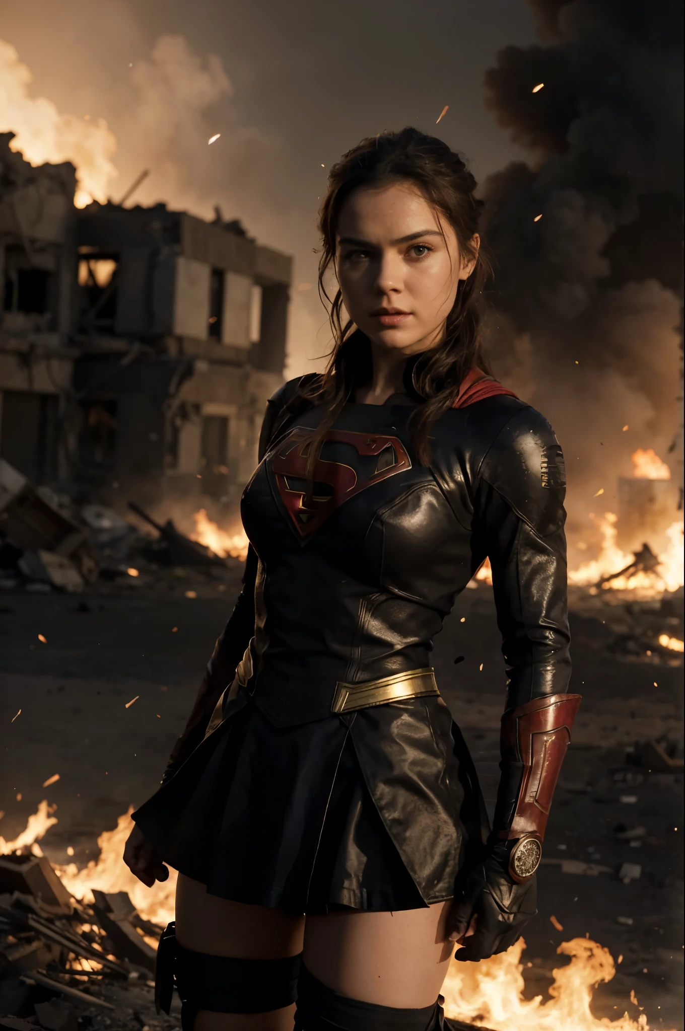 Create an image with advanced image quality and resolution, featuring a super detailed representation of Daisy Ridley with short, updo hair wearing a sexy outfit inspired by Supergirl. Position it in the center of the composition, with a landscape ravaged by war and engulfed in flames. Ensure representation of the intricacies of the costume, capturando texturas e recursos exclusivos. A cena de guerra ardente deve ser reproduzida de forma realista, incorporating elements such as smoke, wreckage, and dramatic lighting effects. Esta imagem tem como objetivo transmitir uma cena poderosa e visualmente envolvente, combining the strength of Supergirl&#39;s sexy costume with the urgency and chaos of the war scenario.