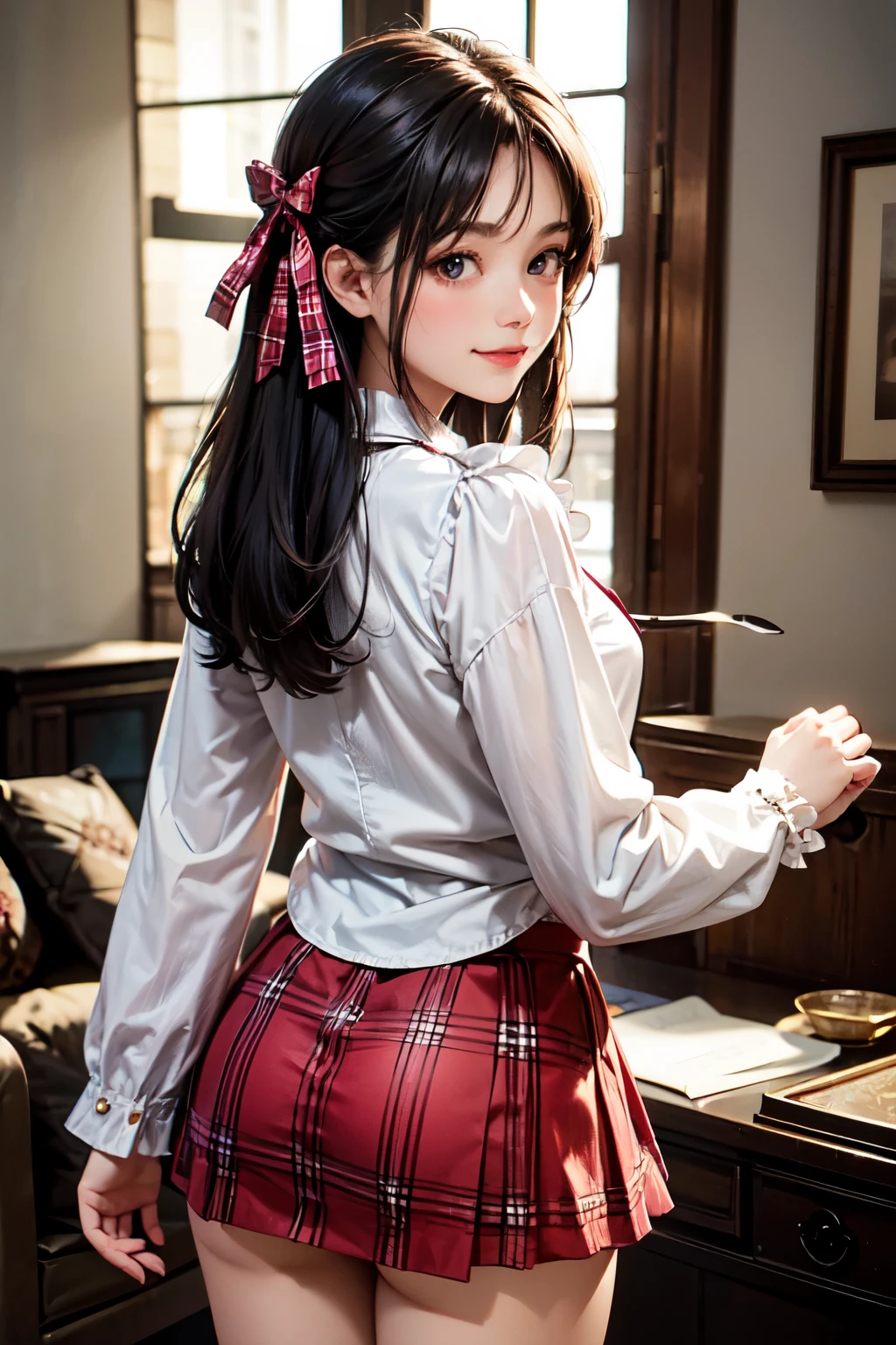 very cute and beautiful girl,(highly detailed beautiful face),(smile:1.2),blush,cowboy shot,
(white blouse with detailed frills),long sleeve BREAK
 standing,(from behind,looking back),leaning forward,white panties,looking at viewer,
hair ribbon,black hair,(scarlet plaid mini skirt:1.15)
 BREAK antique living room,victorian gorgeous furnitures,
(best quality,masterpiece:1.2),absurdres,highres,ultra-detailed,extremely detailed,32k,8k resolution,
intricate details,cinematic scene,detailed background,solo,dynamic angle,perfect hands,