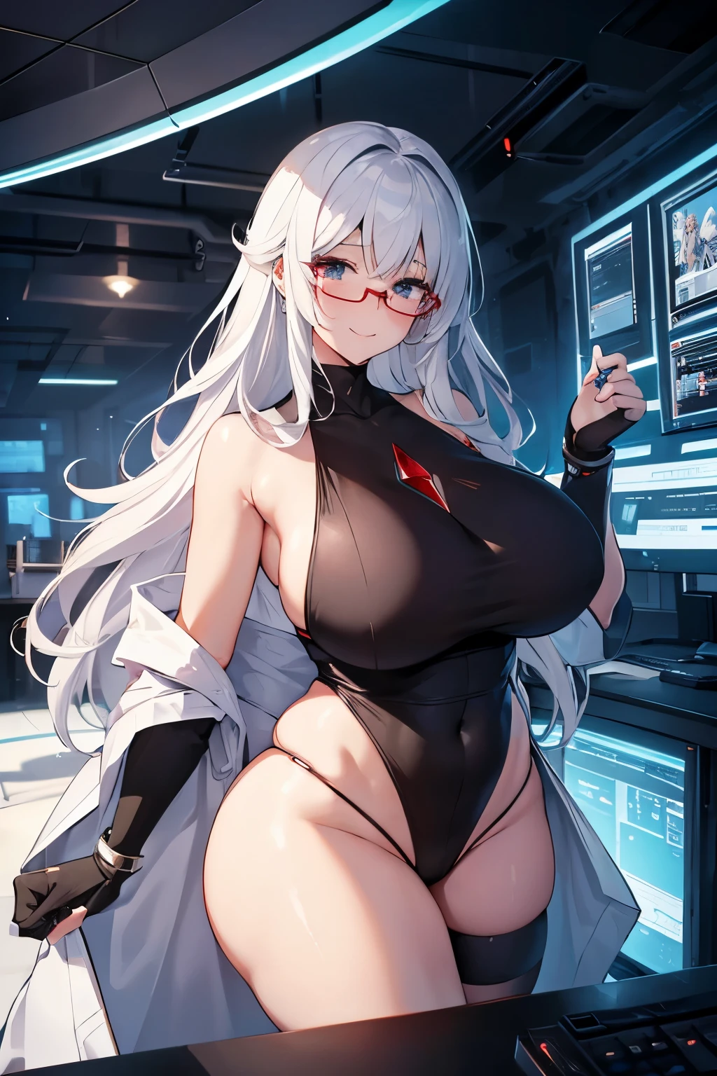 masterpiece , best quality , 1 sexy girl , (1 goose:1.2) , lab coat, doctor's white robe , (covered nipples:0.9) , (gigantic tits:1.2) , (thick arm:1.1) , thick thigh , gigantic hip , (white hair:1.1) , (plump:1.1) , surrounded by sci-fi machinery and monitor , (black glasses:1.1) , (evil smile:1.1) , (holding red crystal:1.2) ,
