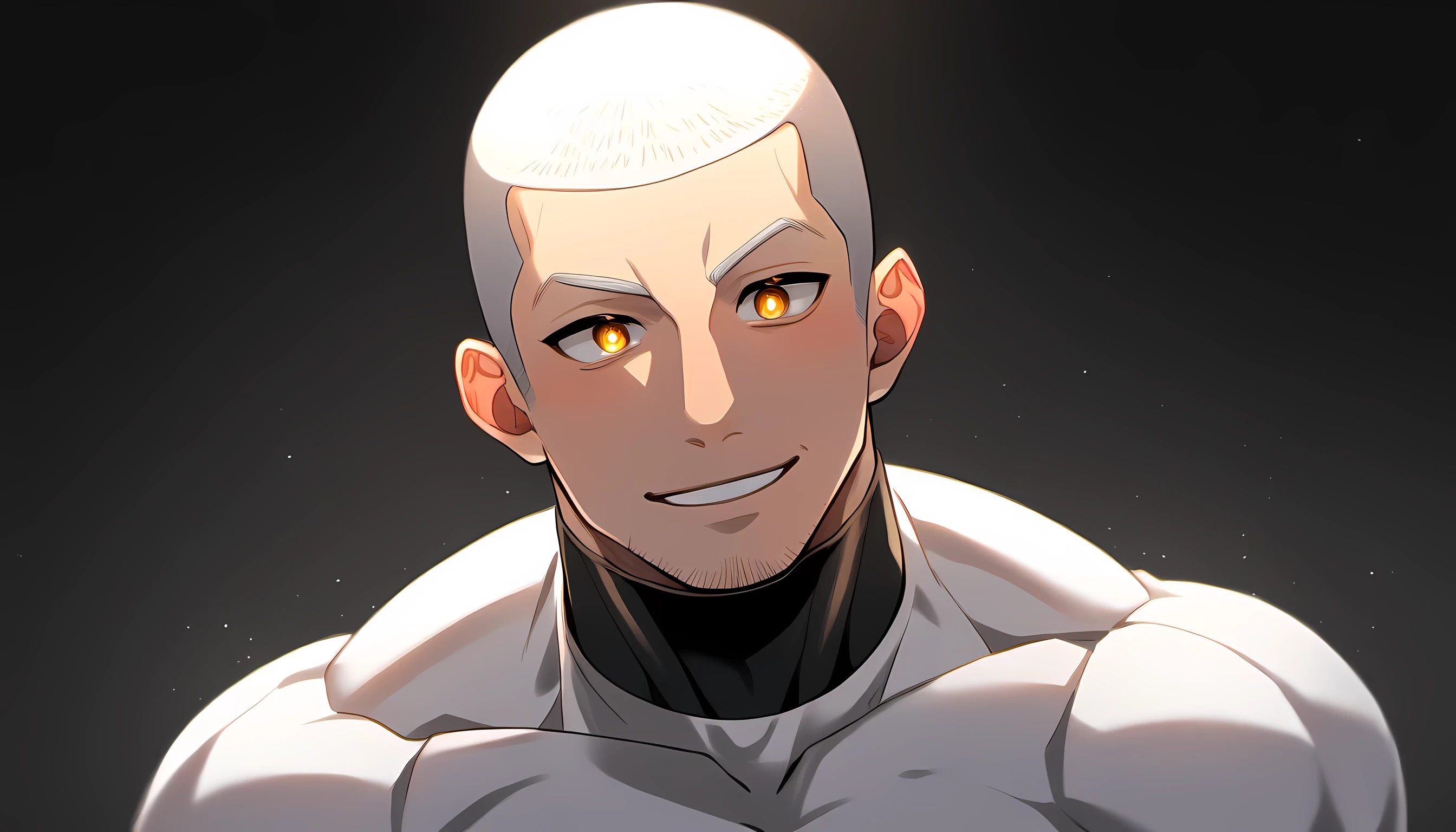 1 young muscular man, male focus, White turtleneck compression pantyhose, white hair, buzz clip, muscular male, muscular, only, Upper body, alone, white short hair, stubble, yellow eyes, black background, simple background, amazing quality, best aesthetics, Ridiculous, bright pupils, short hair, Smile innocently, blush, best quality