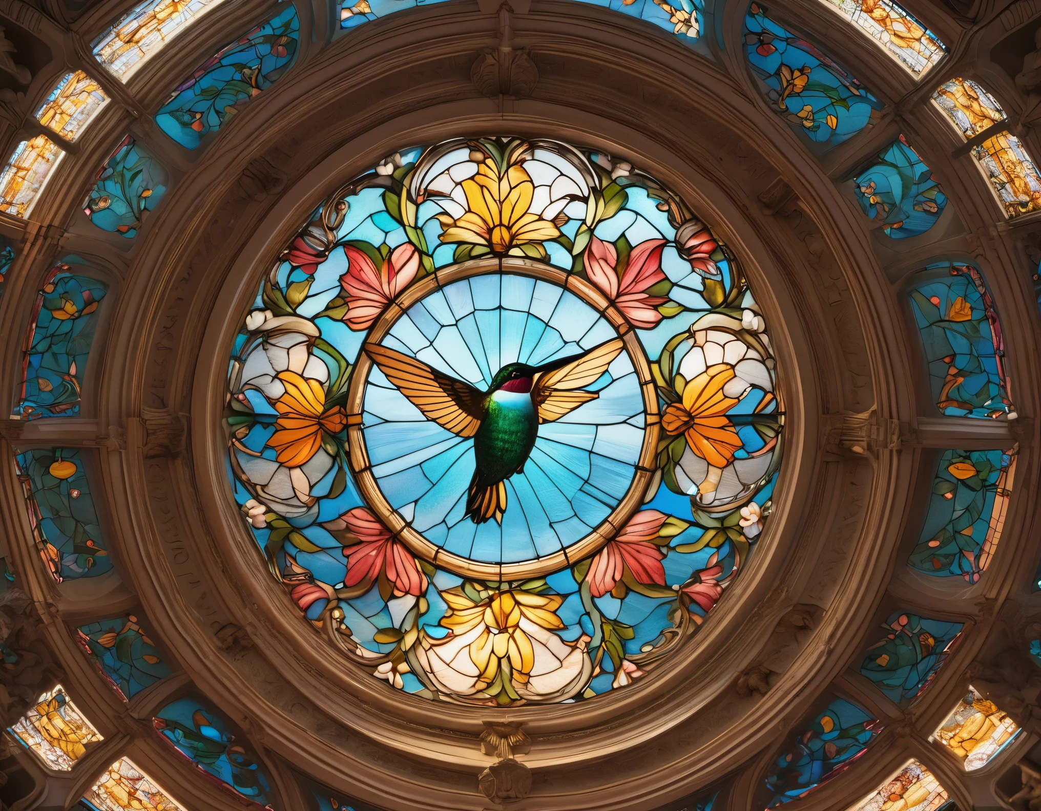 fresco art style of Gorgeous church dome glass carving beautiful hummingbird,octane render,Corona Render,V-Ray,high detail,trending on artstation,hyperrealism,HD,16K,Kawaii,Sandpainting,Lithophane,Light Painting,Photo gravure,super wide angle,Bottom view,dramatic lighting