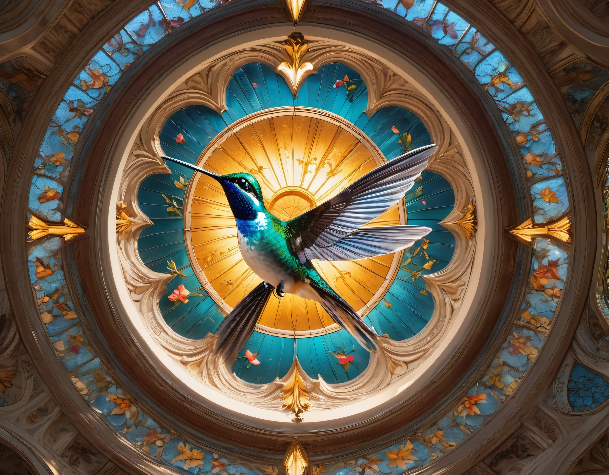 fresco art style of Gorgeous church dome glass carving beautiful hummingbird,octane render,Corona Render,V-Ray,high detail,trending on artstation,hyperrealism,HD,16K,Kawaii,Sandpainting,Lithophane,Light Painting,Photo gravure,super wide angle,Bottom view,dramatic lighting,divine light,