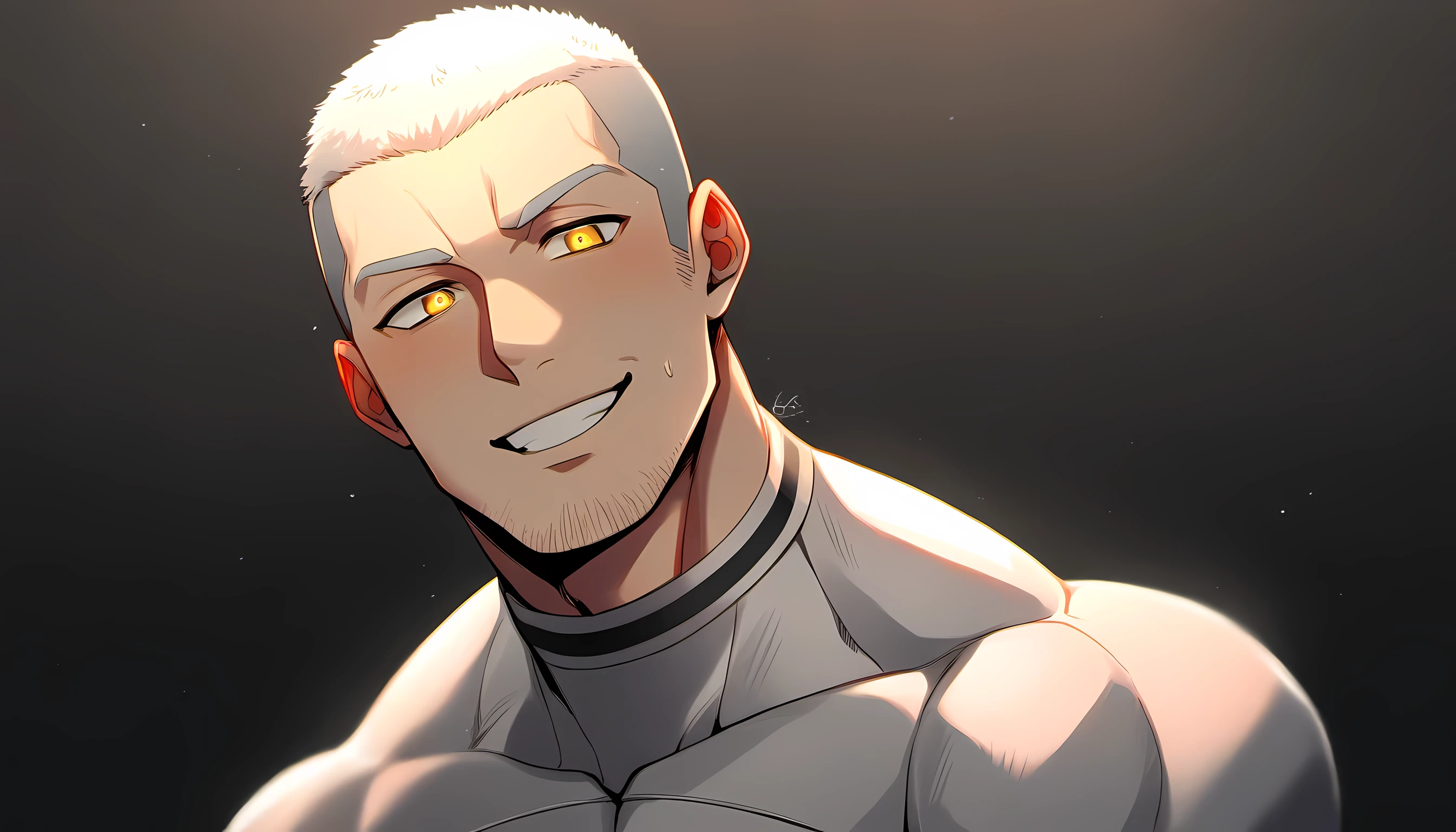 1 young muscular man, male focus, White turtleneck compression pantyhose, white hair, buzz clip, muscular male, muscular, only, Upper body, alone, white short hair, stubble, yellow eyes, black background, simple background, amazing quality, best aesthetics, Ridiculous, bright pupils, short hair, Smile innocently, blush, best quality