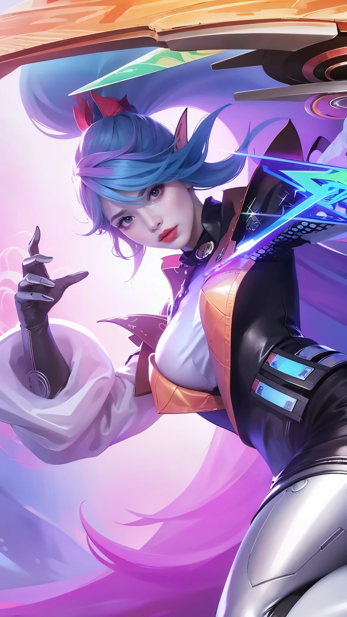 Masterpiece, best picture quality, high quality, beautiful woman, Japanese, popular Korean makeup, detailed, swollen eyes, detailed eyes, detailed skin, beautiful skin, ultra high resolution, (reality: 1.4),very beautiful, slightly younger face, beautiful skin, slender, (ultra realistic), (illustration), (high resolution), (8K), (very detailed) (best illustration), (beautifully detailed eyes), (super detailed), (wallpaper), (detailed face), looking at viewer, fine details, detailed face, pureerosfaceace_v1, smiling, looking straight ahead, looking straight ahead, angle from waist up, realistic photo, bright lighting, professional lighting, blue hair (some of hair part green), long hair, dark ruins, big red moon, gorgeous red and black dress, mature woman, long stylish bangs, red lips,