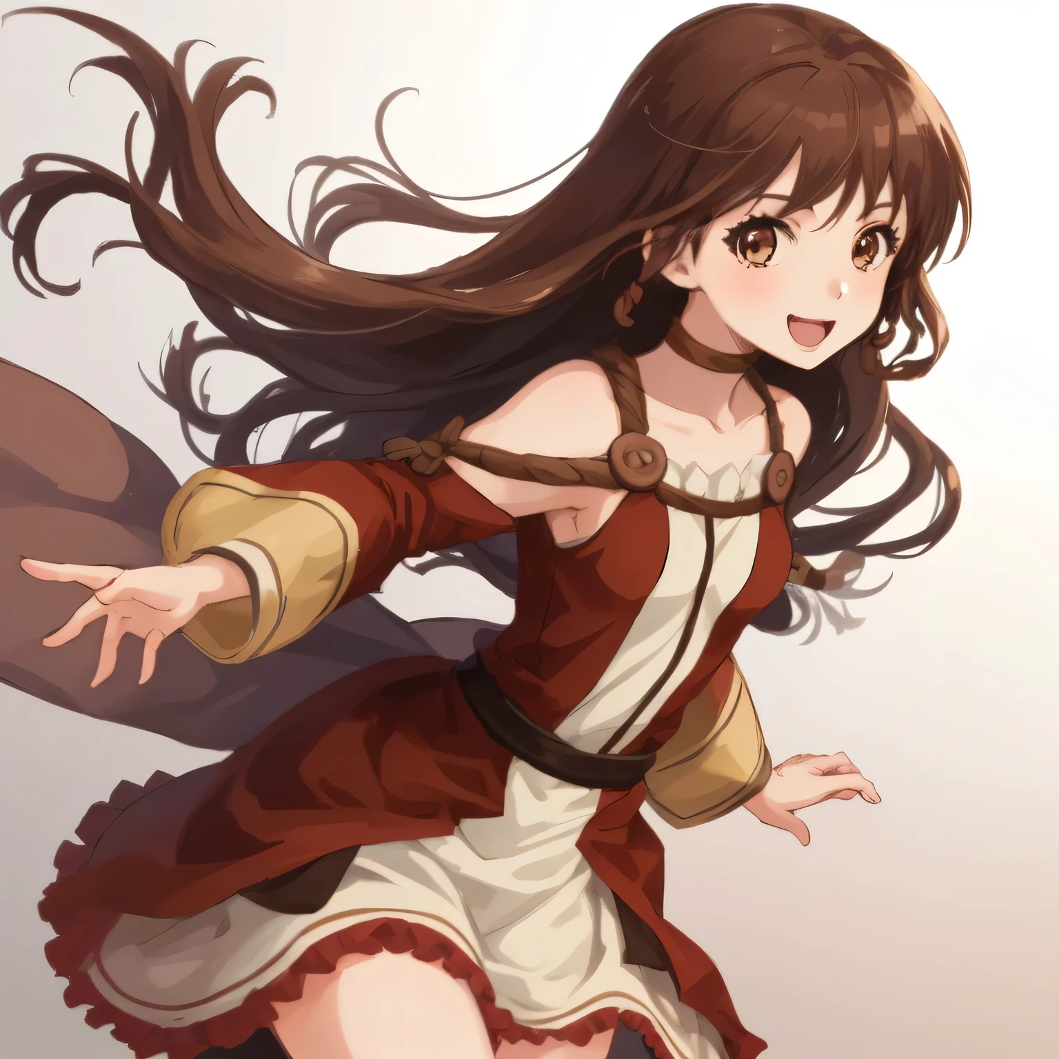 1girl, anime, medium_brown_hair, brown_eyes, small_breasts, cheerful, katara_dress, white_background, looking_at_viewer