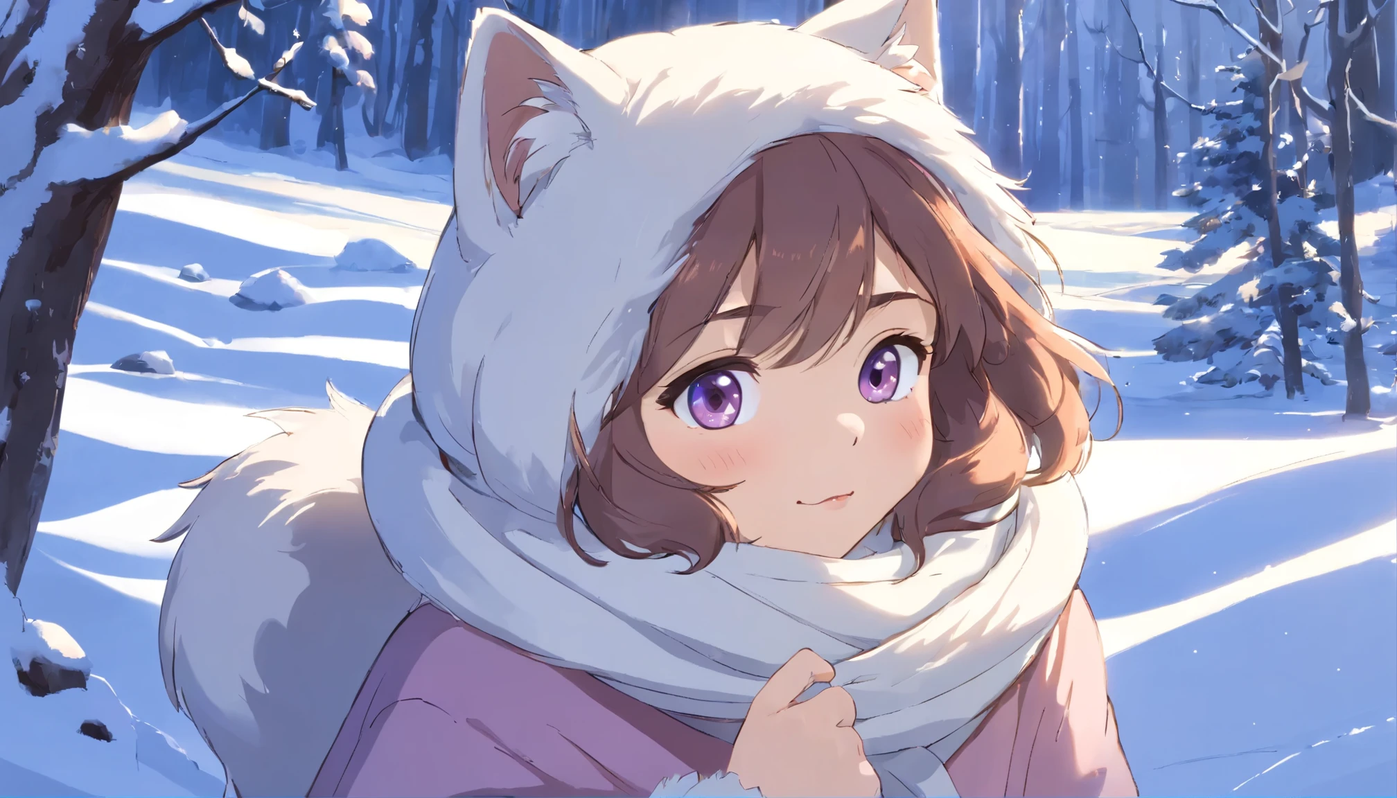 (melhor qualidade,4k,8K,high resolution,obra de arte:1.2),ultra-detalhado,(Realista,photoRealista,photo-Realista:1.37),Uma linda gata com pelo branco macio e fofo, with lovely detailed eyes and delicate, pink nose and lips, parado em uma paisagem nevada. The girl has a sweet and innocent expression, com um toque de curiosidade nos olhos. She is wearing a cozy winter outfit, with a knitted hat and scarf that matches the color of the fur, adding extra cuteness to your appearance. Snowflakes are falling softly around you, creating a magical and dreamy atmosphere.

The snow-covered ground is immaculate and pure, creating a soft and serene setting for the cat. The trees and foliage are partially covered in snow, with delicate branches peeking through the white blanket. Sunlight filters through the trees, casting a warm, soft glow on the scene, melhorando o ambiente encantador geral.

The color palette is dominated by white tones and soft pastels., criando uma atmosfera calma e relaxante. The cat&#39;s fur is a mix of white and cream., com leves toques de blush rosa nas bochechas. The landscape is bathed in cool tones of blue and gray, with subtle touches of light pink and purple in the sky and clouds.

The lighting is soft and diffused, com uma luz de fundo suave iluminando a silhueta da gata, criando um efeito de halo suave ao seu redor. The shadows cast by the trees add depth and dimension to the scene, reinforce your overall realism.

This prompt will deliver a stunning and heartwarming obra de arte, showing the beauty of nature and the innocence of the cat in the snowy landscape.