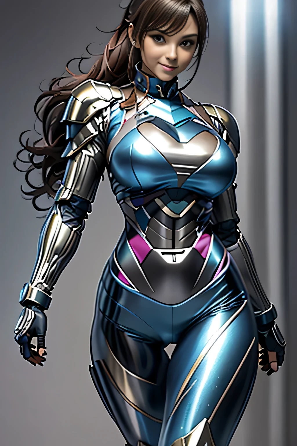 female robocop solo、Armor that completely covers the whole body、very large armor、helmet to hide eyes、metallic sky blue armor、Armor that completely covers the chest、thin and long legs、Vibrant posel body view