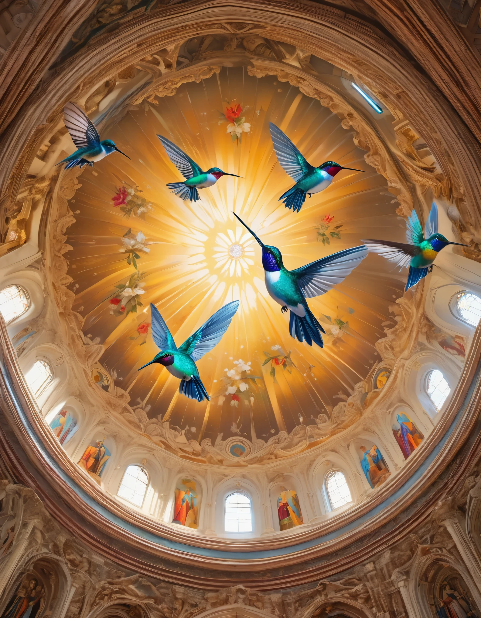 fresco art style of Beautiful hummingbirds on the glass of the dome of a magnificent church,octane render,Corona Render,V-Ray,high detail,trending on artstation,hyperrealism,HD,16K,Kawaii,Sandpainting,Lithophane,Light Painting,Photo gravure,super wide angle,Bottom view,dramatic lighting