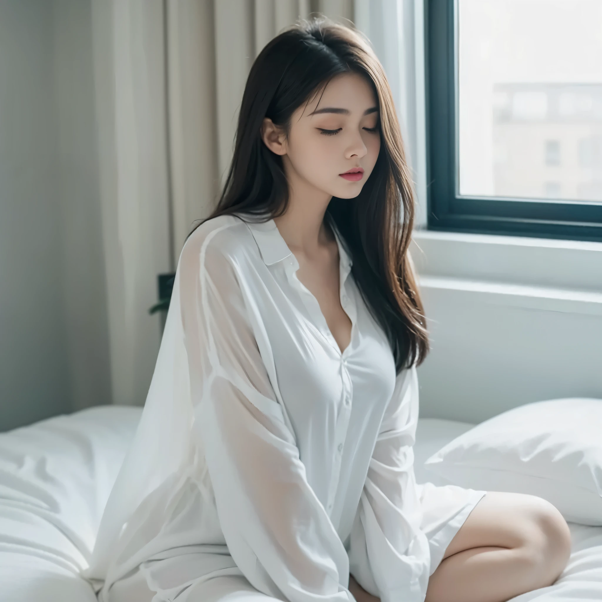 20 year old girl, beautiful girl,very big breast, girl sitting on the bed, half eyes closed, teddy bear, white oversized shirt pant night dress, windows side bed,morning light on face , morning time, sitting on a bed, girl lying in bed, yawning,yawn, out stretch hand in air,happy expression, apartment, hyper realistic, hyper perfect expression, 8k, 16k, hyper perfect photo