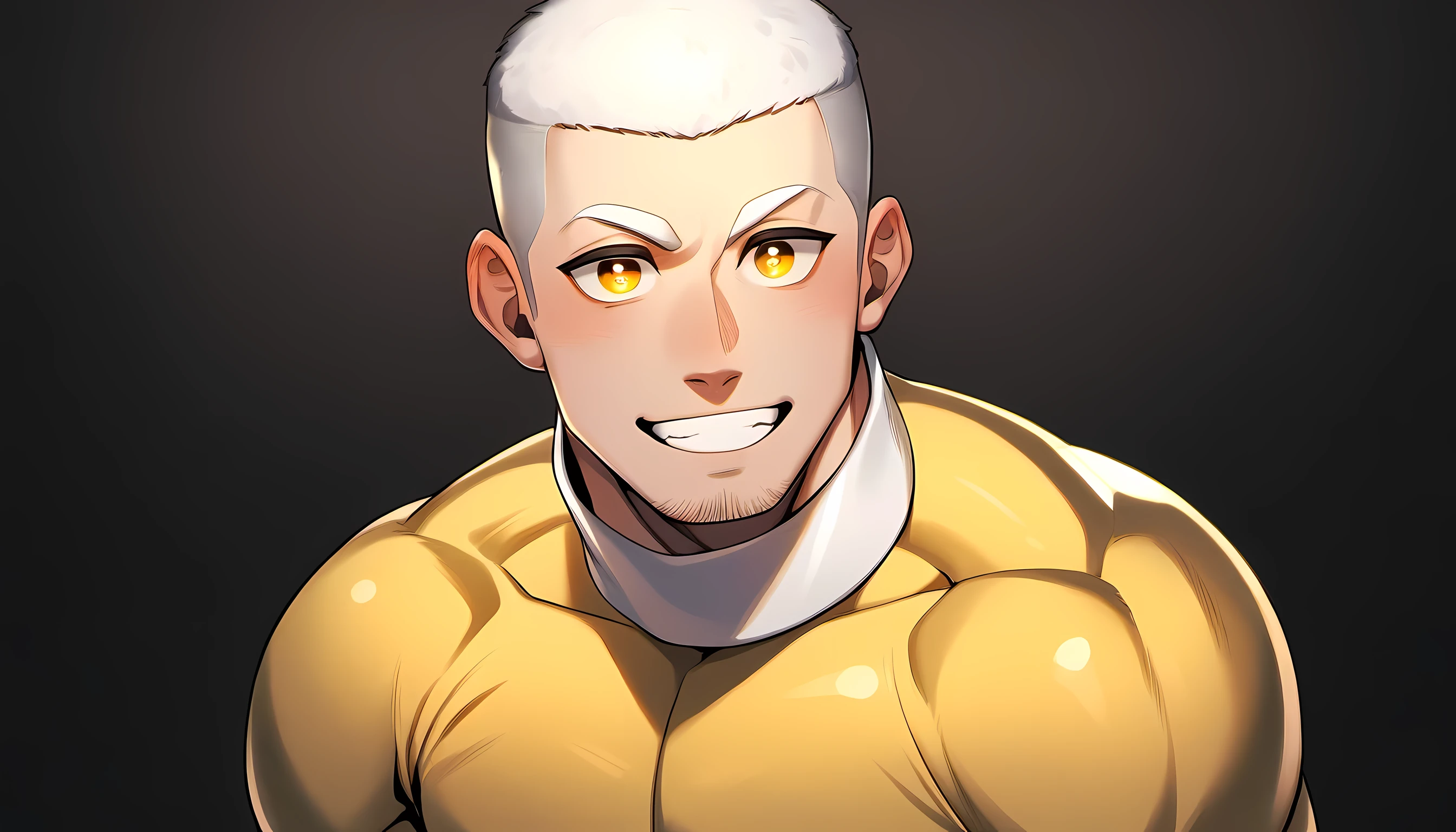 ung muscular man, male focus, Yellow turtleneck compression pantyhose, white hair, buzz clip, muscular male, muscular, only, Upper body, alone, white short hair, stubble, yellow eyes, black background, simple background, amazing quality, best aesthetics, Ridiculous, bright pupils, short hair, Smile innocently, blush, best quality