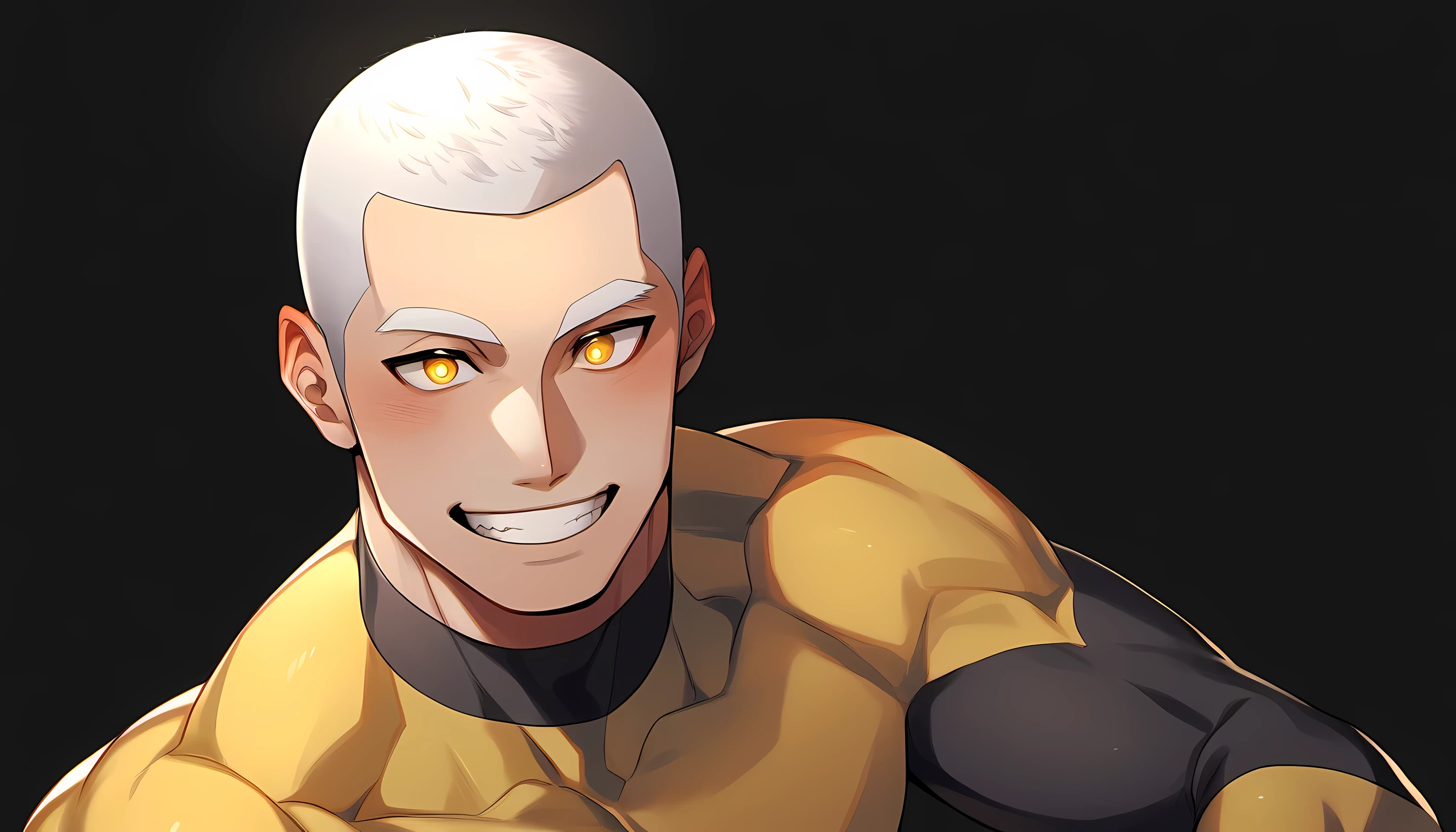 1 young muscular man, male focus, Yellow turtleneck compression pantyhose, white hair, buzz clip, muscular male, muscular, only, Upper body, alone, white short hair, stubble, yellow eyes, black background, simple background, amazing quality, best aesthetics, Ridiculous, bright pupils, short hair, Smile innocently, blush, best quality