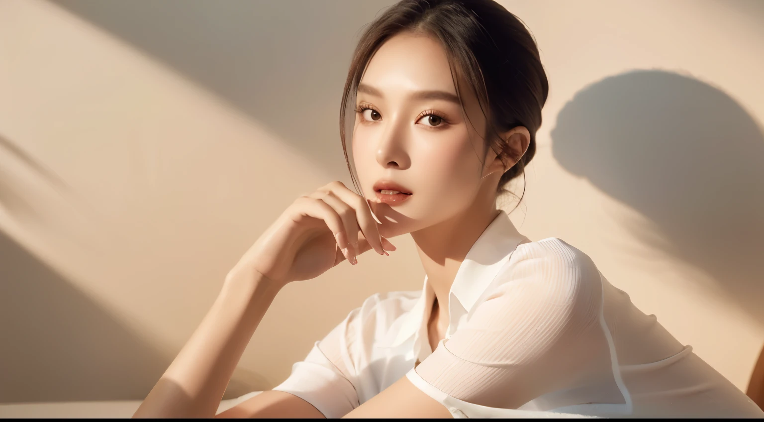 1 Women-centered, Female model holds a cosmetic bottle in her hands, Wearing a white shirt, Model&#39;s skin health、bright, Cosmetic bottles sparkling，Luxury, skin care, flower, (Cosmetic photos), clean atmosphere, in the studio, Shot with a Hasselblad camera, medium format, dramatic lighting, saint laurent cosmetics, (high profile)，glass，water cup