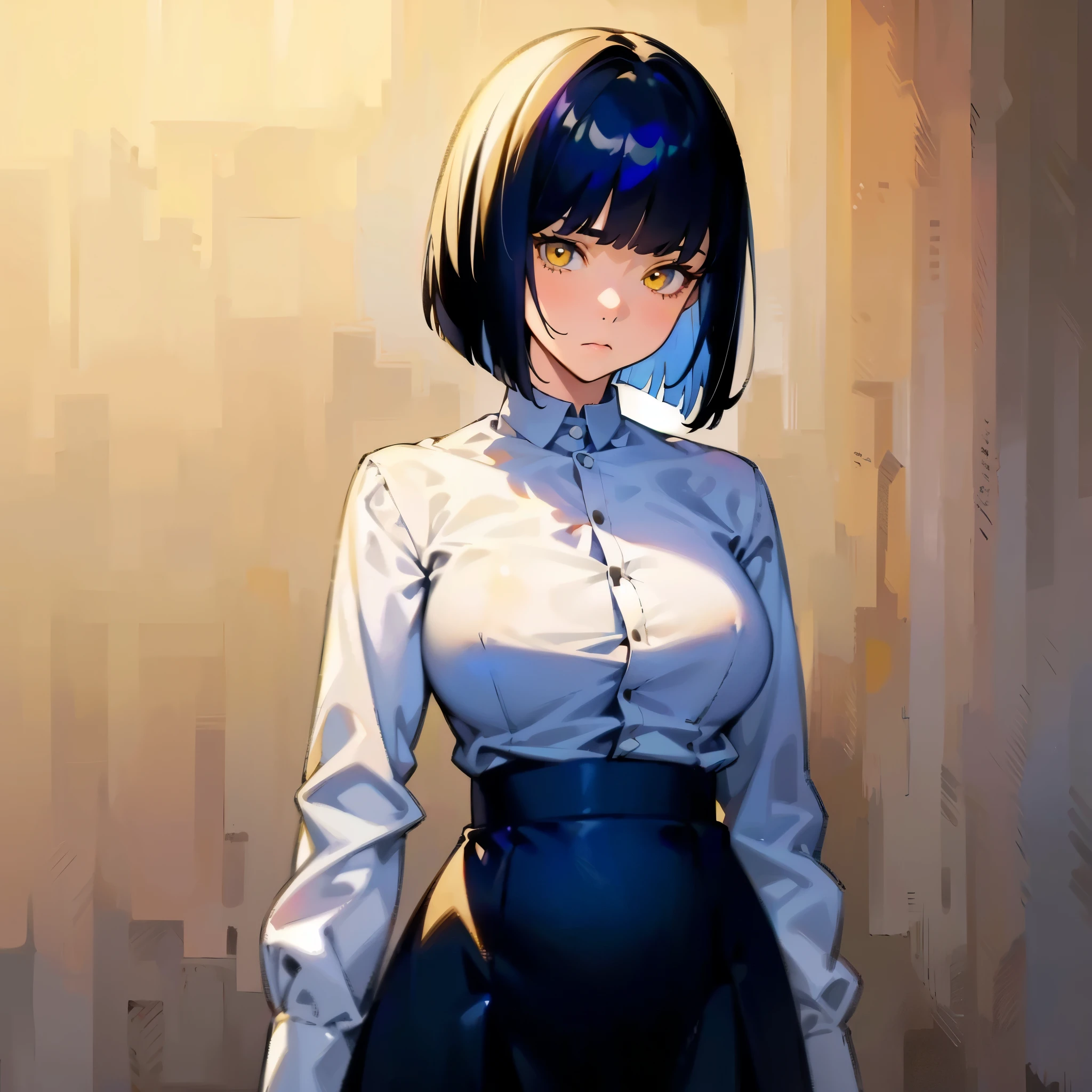 1girl, short dark blue hair, bob cut, yellow eyes, medium breast, wide hips, white buttoned long sleeve shirt, black skirt, stoic face, ((best quality)), ((masterpiece)), portrait, looking at the camera, from the front, simple background, ((detailed)), ((perfect anatomy)), ((detailed art)), ((high definition)), ((4k)), ((high resolution))