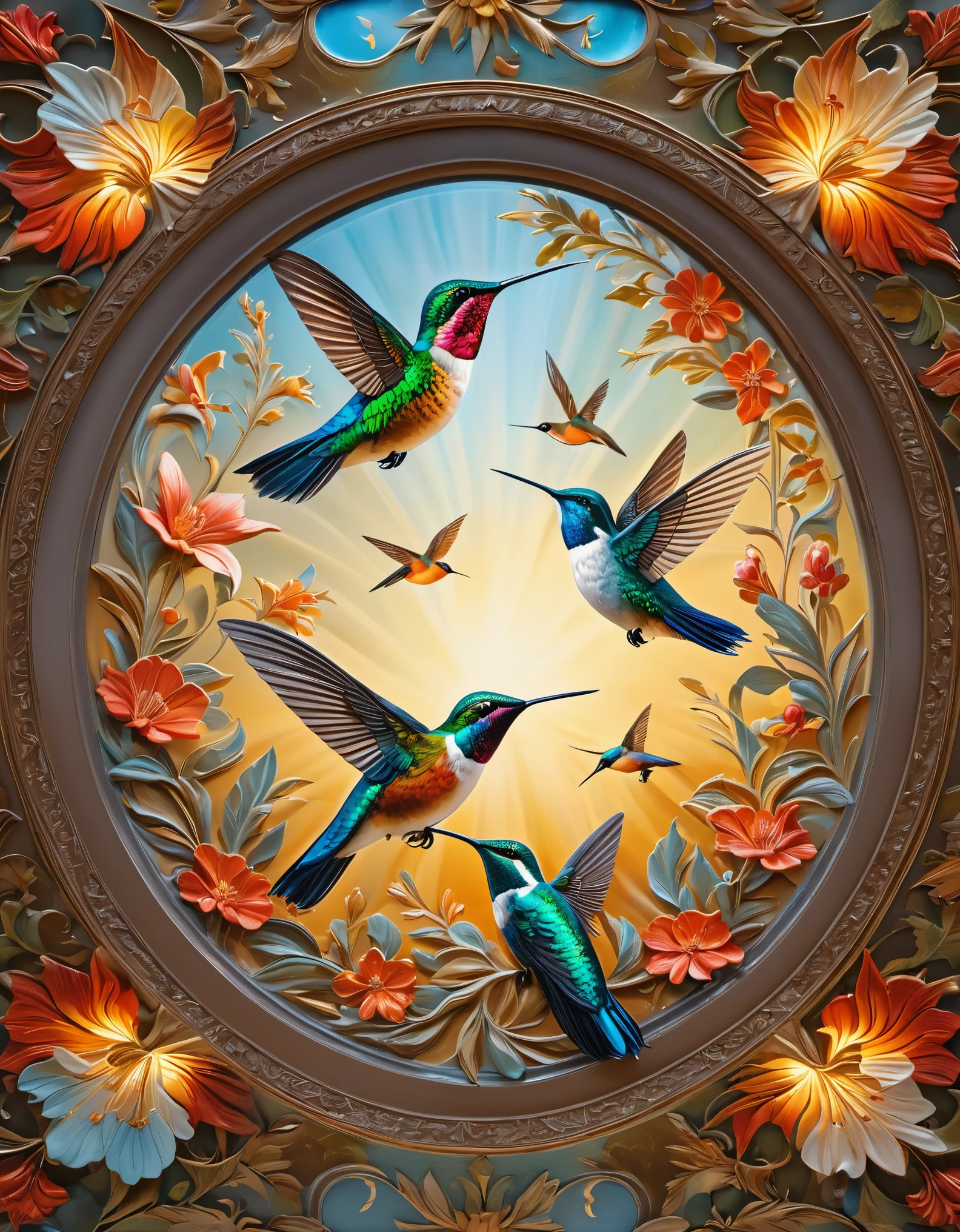 Mural art style, magnificent church dome glass carving of beautiful hummingbirds, octane rendering, corona rendering, V-Ray, high detail, popular on art stations, surrealism, high-definition, 16K, Sandpainting, lithography, photo gravure, ultra wide angle, looking up, dramatic lighting divine light,