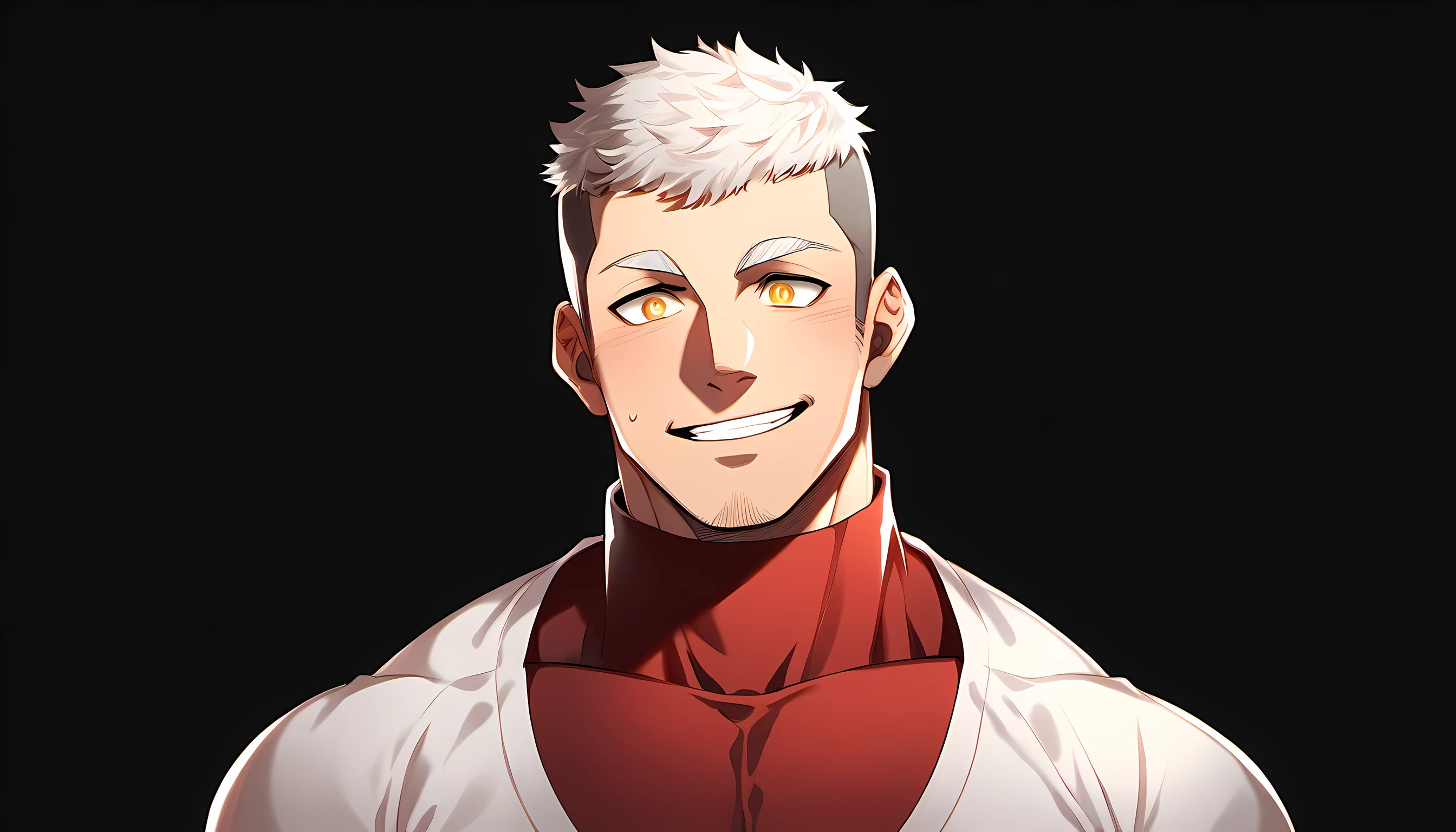 1 young muscular man, male focus, High collar dark red spandex tight T-shirt, white hair, buzz clip, muscular male, muscular, only, Upper body, alone, white short hair, stubble, yellow eyes, black background, simple background, amazing quality, best aesthetics, Ridiculous, bright pupils, short hair, Smile innocently, blush, best quality
