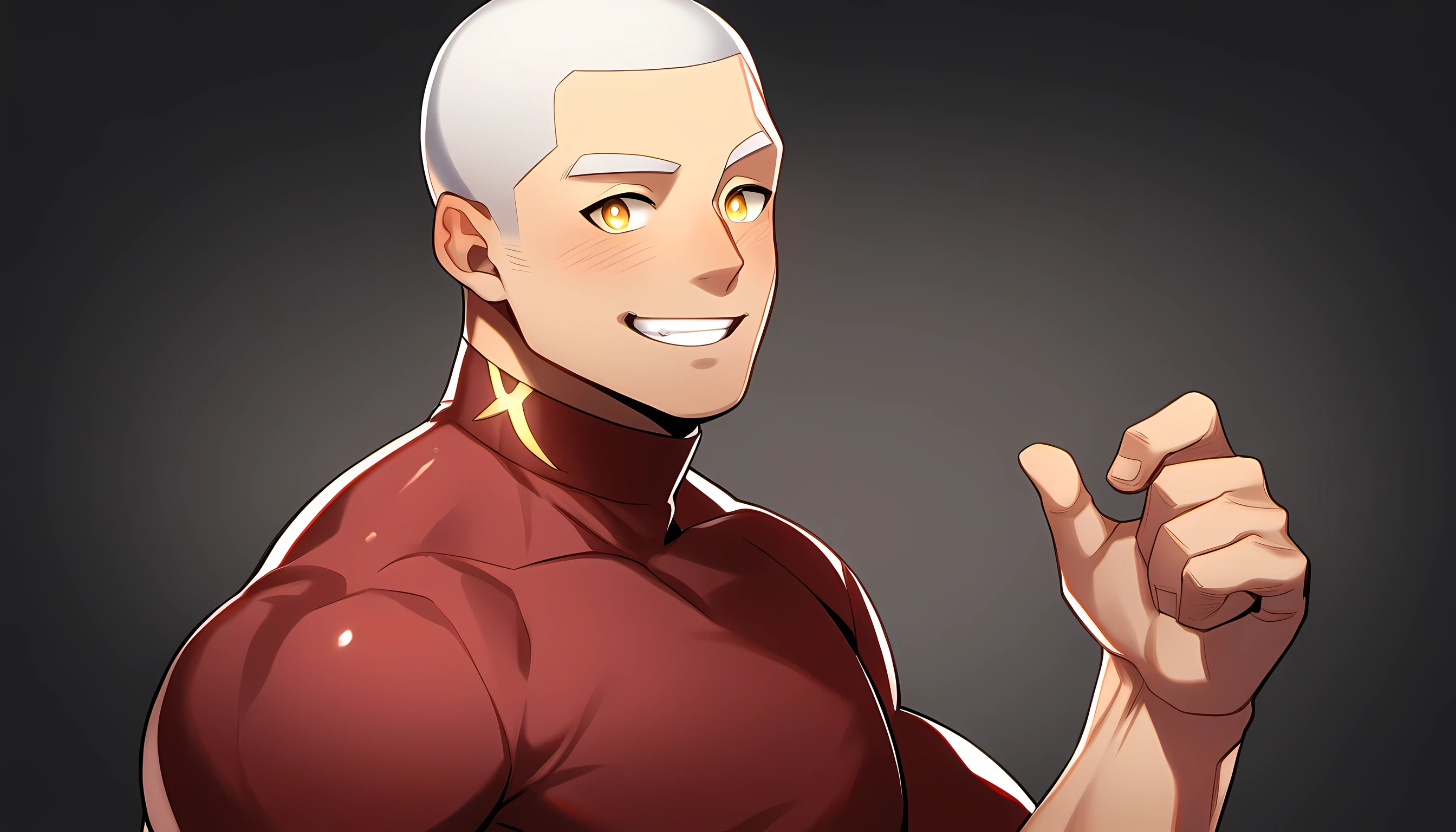 1 young muscular man, male focus, High collar dark red spandex tight T-shirt, white hair, buzz clip, muscular male, muscular, only, Upper body, alone, white short hair, stubble, yellow eyes, black background, simple background, amazing quality, best aesthetics, Ridiculous, bright pupils, short hair, Smile innocently, blush, best quality