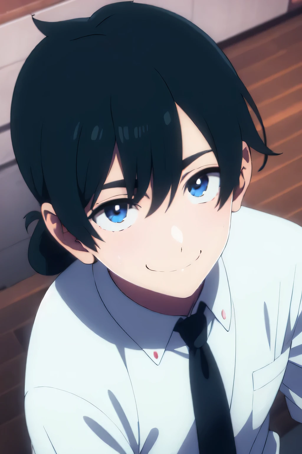 Tall teenage guy, He has long black hair, tied in the tail, he has Japanese blue eyes, he himself is dressed in a black classic suit with a red tie, He has a slight smile on his face